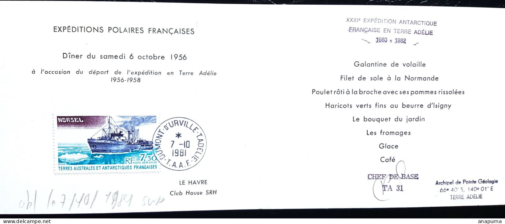 EPF 1956, 2eme Expé AGI,carton Invitation 6 Oct 1956, Départ Norsel 7 Oct Havre, TP TAAF Norsel Obl 7/10/81 - Covers & Documents