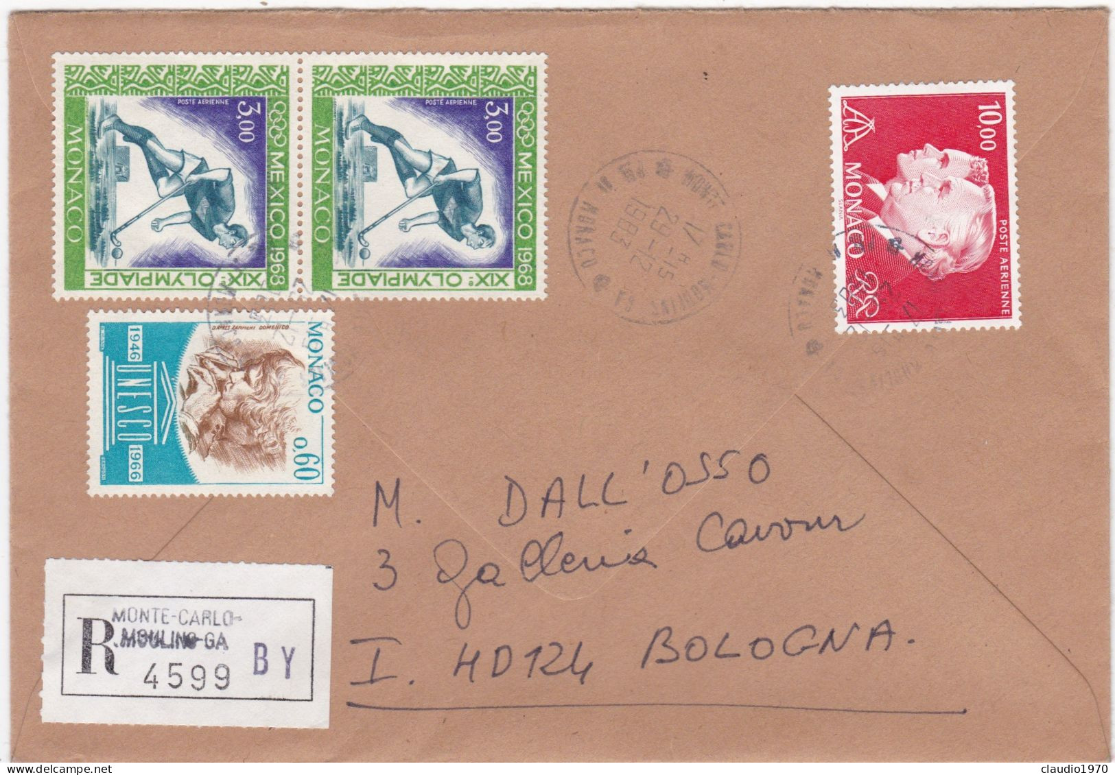 MONACO - MONTE - CARLO - BUSTA RACCOMANDATA - VIAGGIATA PER BOLOGNA - ITALIA - 1983 - Lettres & Documents