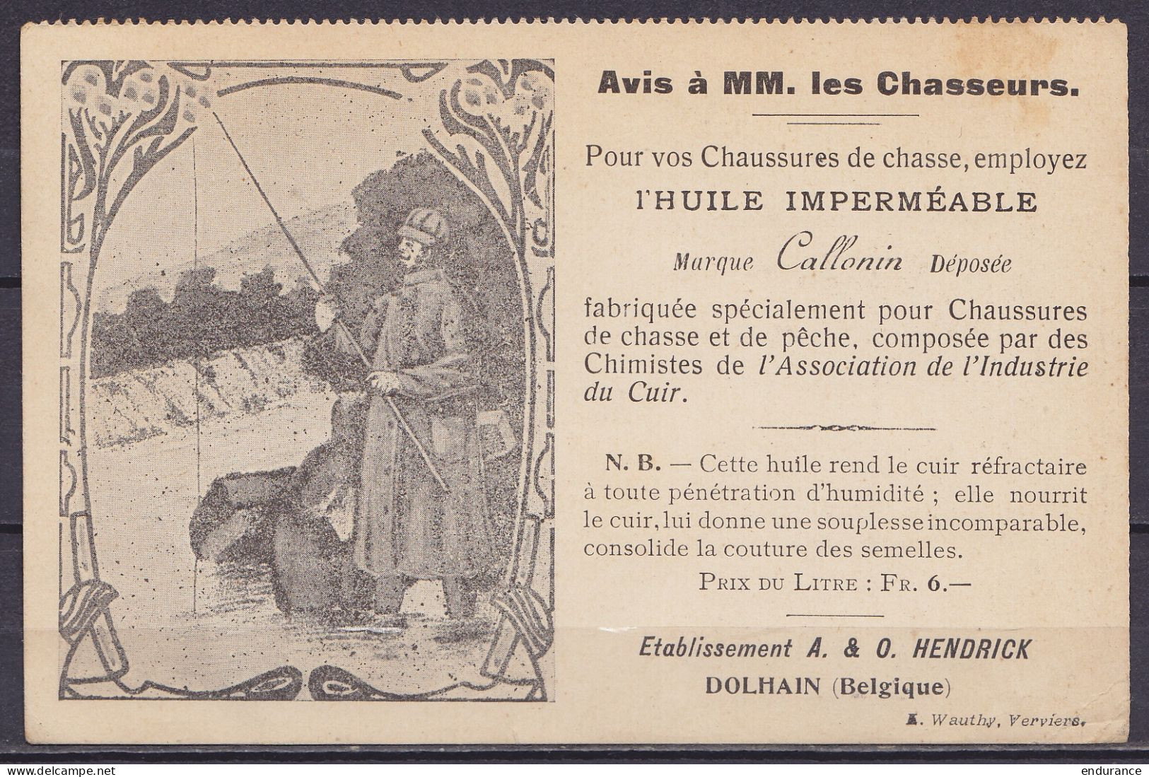 CP Publicitaire "chaussures De Chasse Et Pêche Hendrick" Illustré Affr. PREO PR1611B 1c Gris (sur N°81) [DOLHAIN LIMBOUR - Typografisch 1906-12 (Wapenschild)