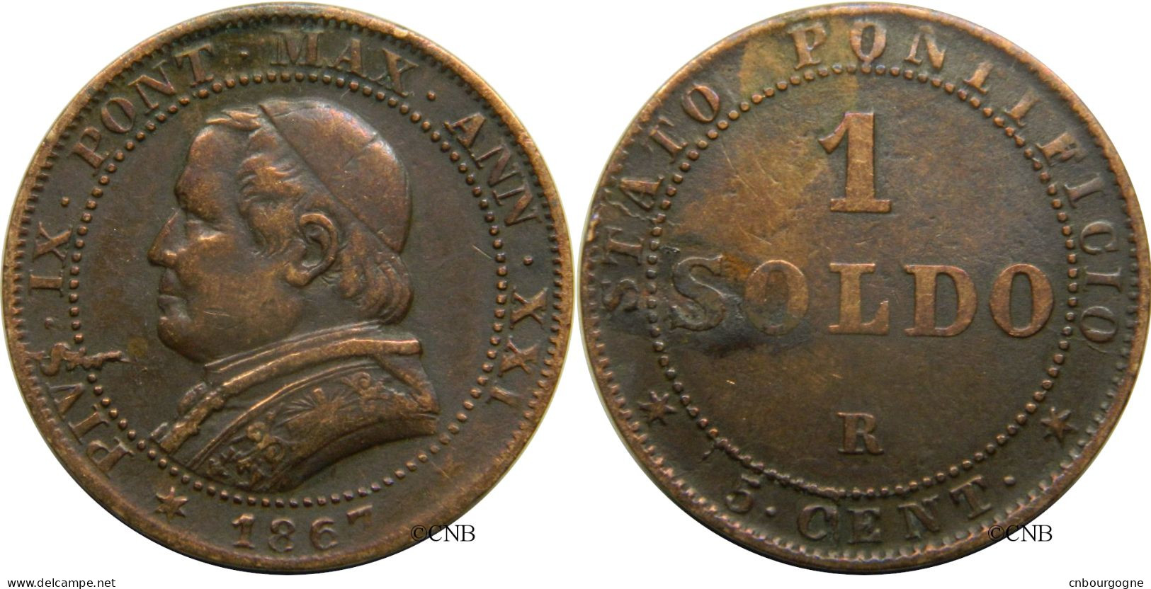 Italie - États Pontificaux - Pie IX - 1 Soldo / 5 Centesimi 1867 R Grand Buste Petite Date - TB+/VF35 Nettoyée - Mon4485 - Andere & Zonder Classificatie