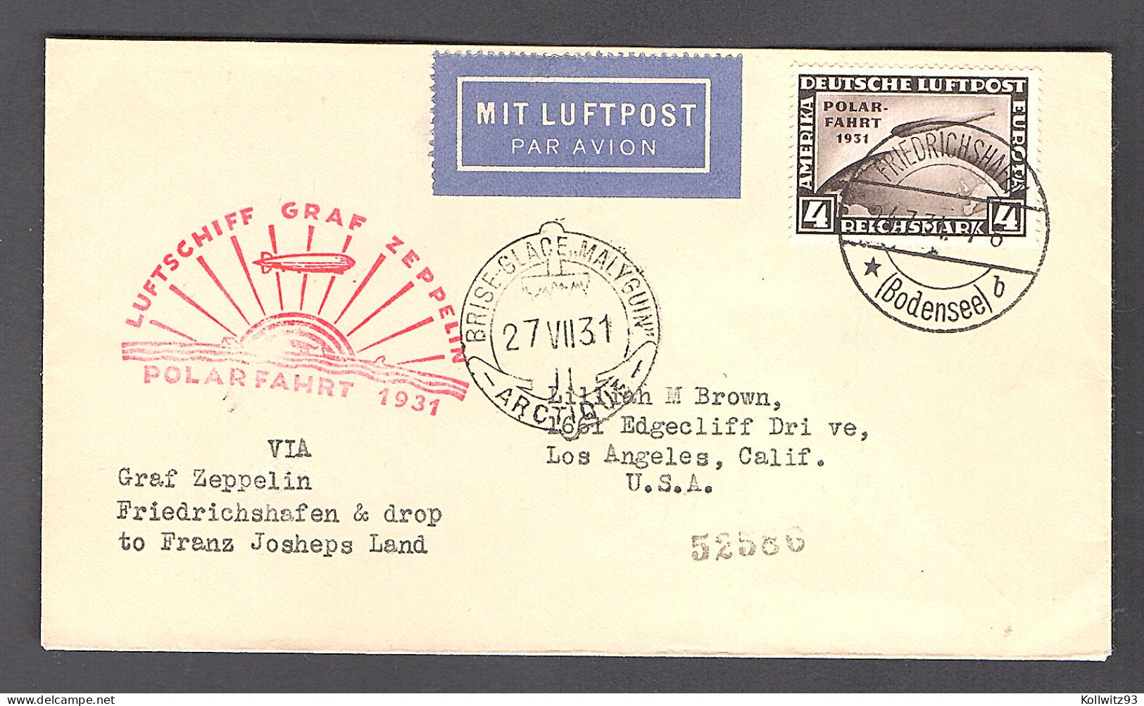 Zeppelin-Brief, Polarfahrt 1931,EF. Mi.-Nr. 458  Nach USA. - Zeppelins