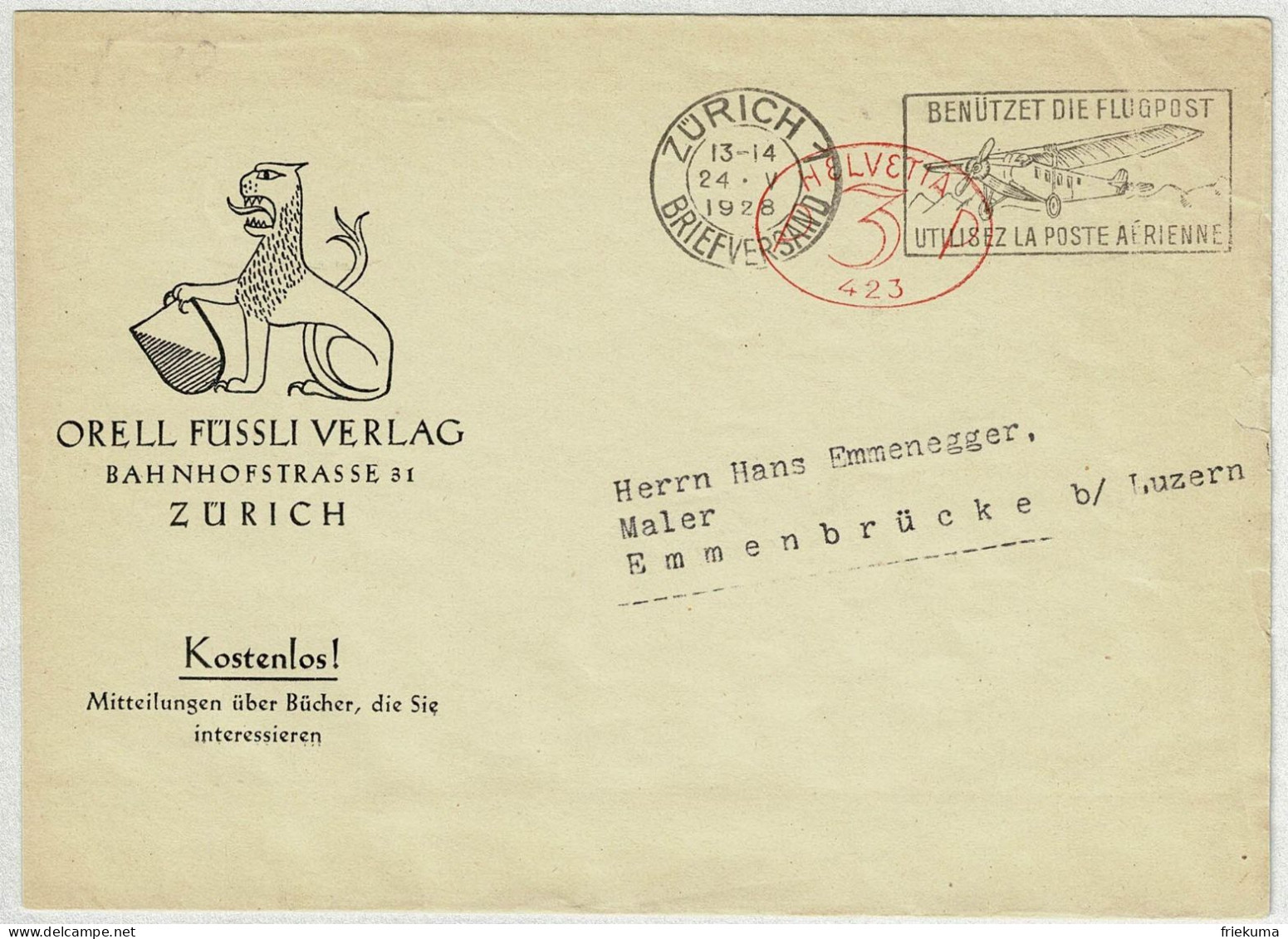 Schweiz 1928, Brief Drucksache Freistempel / EMA / Meterstamp Oval Orell Füssli Zürich - Emmenbrücke, Flugpost - Frankeermachinen