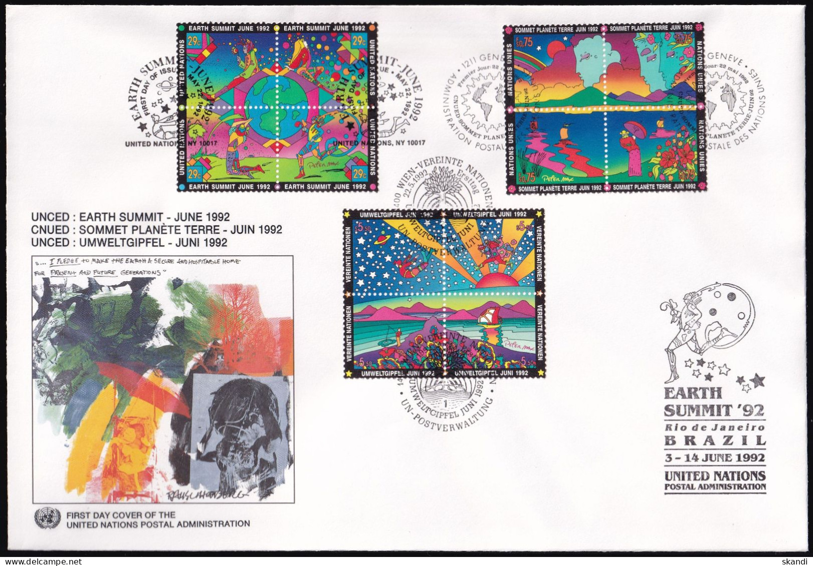 UNO NEW YORK - WIEN - GENF 1992 TRIO-FDC Umweltgipfel + Stempel Earth Summit - New York/Geneva/Vienna Joint Issues