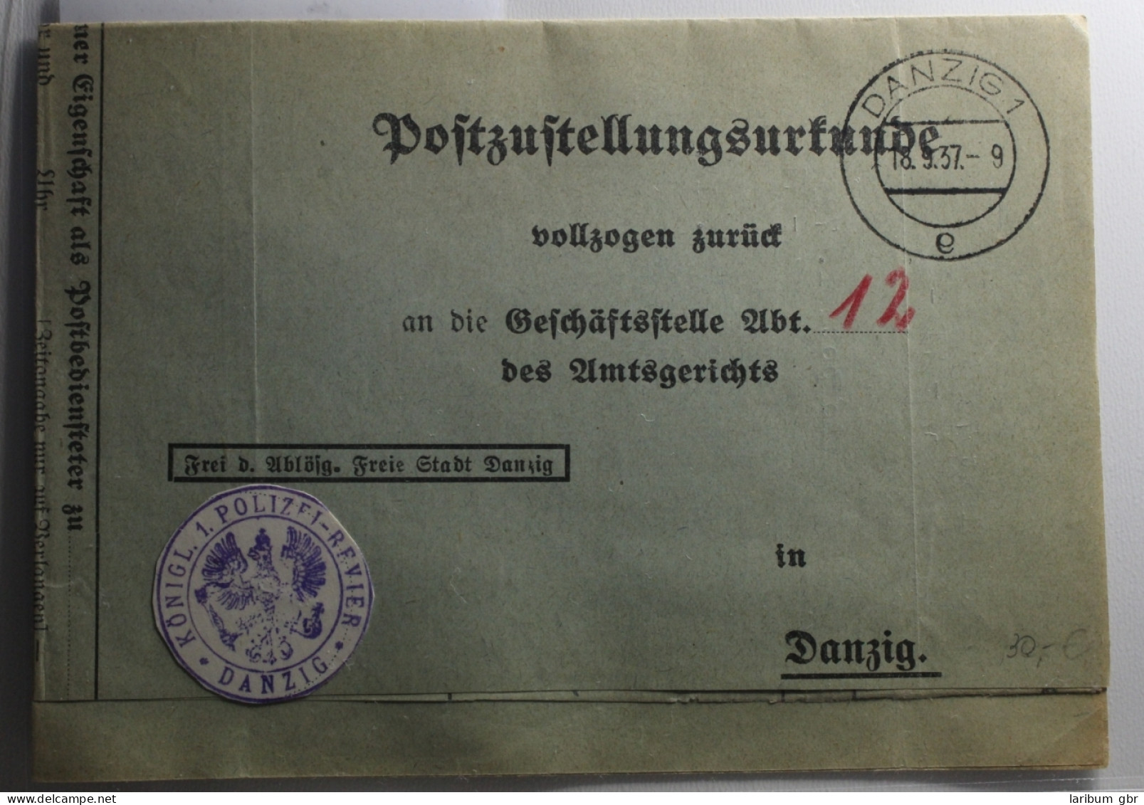 Danzig Postzustellungsurkunde Gestempelt An Geschäftsstelle Abt.12 #BA031 - Lettres & Documents