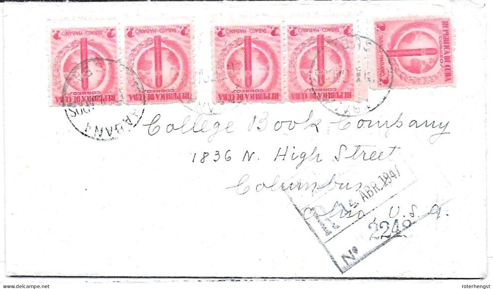 Cuba Registered Letter Tobacco Industry Stamp 1947 Habana To Columbus USA - Brieven En Documenten