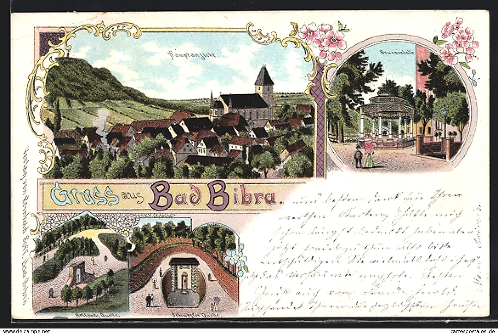 Lithographie Bad Bibra, Brunnenhalle, Schwester Quelle, Totalansicht  - Bad Bibra