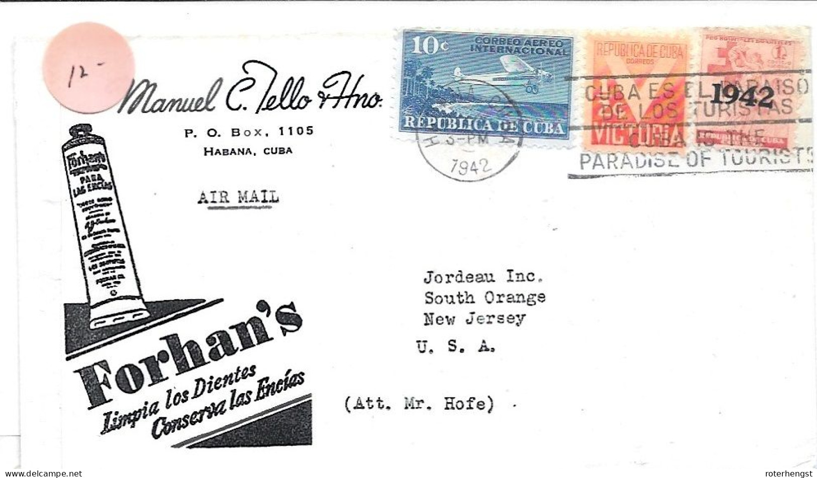 Cuba 1942 Airmail EXAMINED Letter (on Back) To New Jersey With Advertising Envelope And Tourist Paradise Cancel - Briefe U. Dokumente