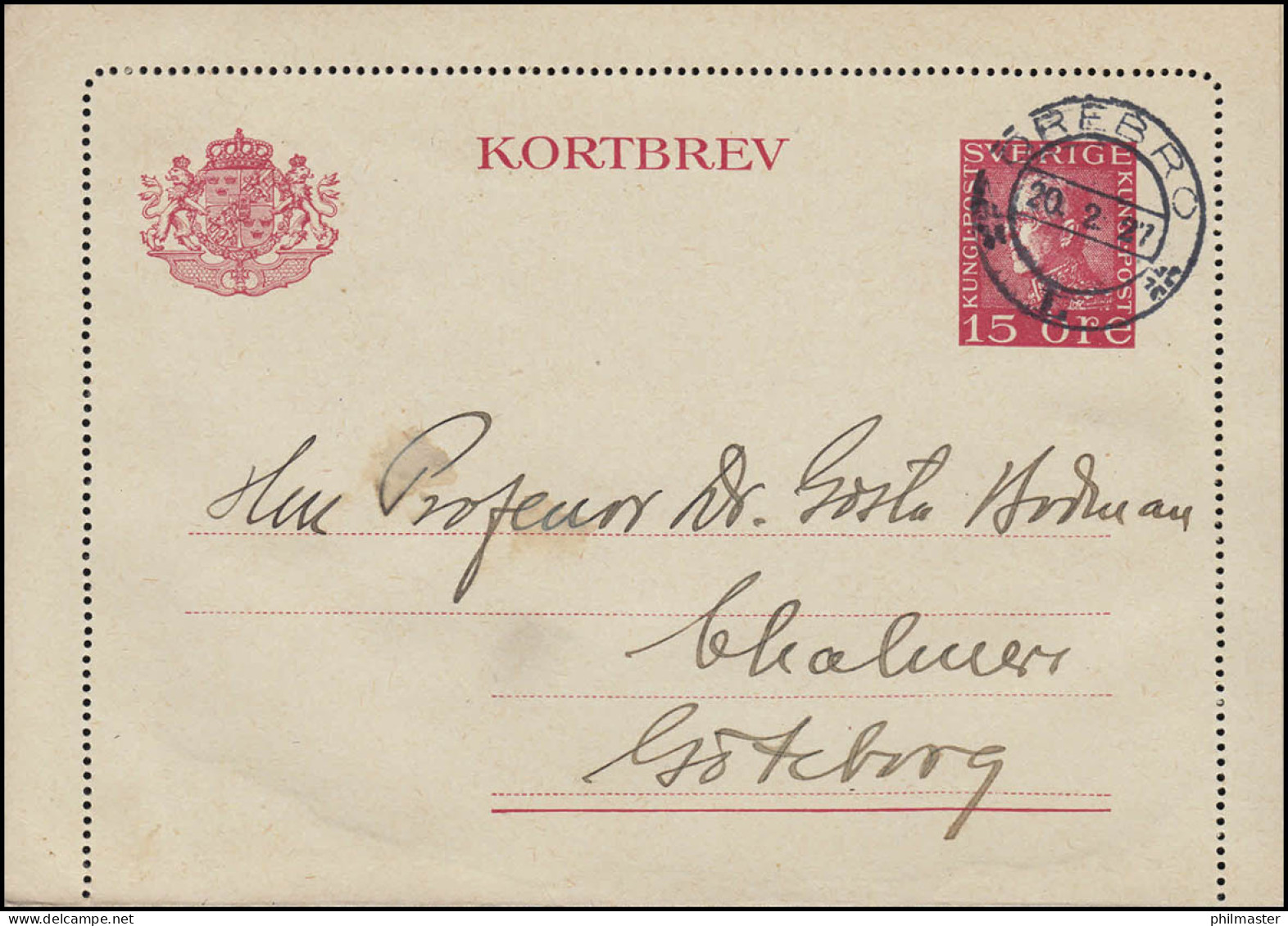 Kartenbrief K 27IW KORTBREV 15 Öre, ÖREBRO 20.2.1927 Nach Göteborg - Ganzsachen