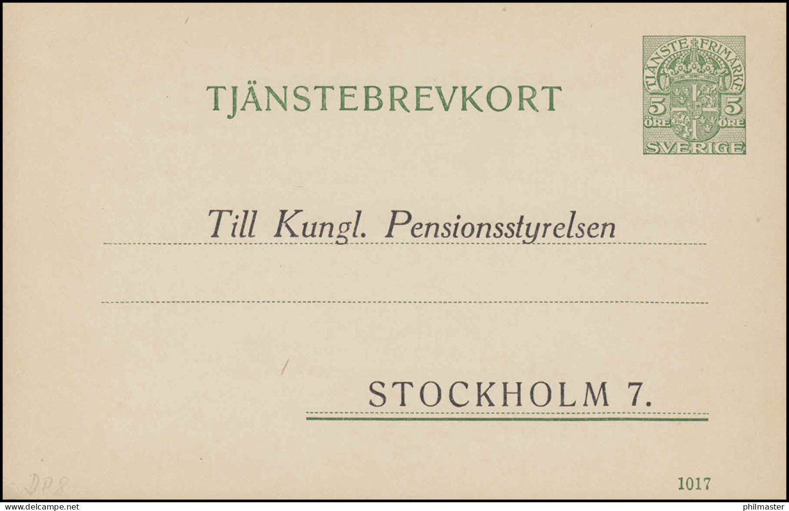 Dienstpostkarte DP 8 Tjänstebrevkort 5 Öre Druckdatum 1017 - Mit Vordruck, ** - Postal Stationery