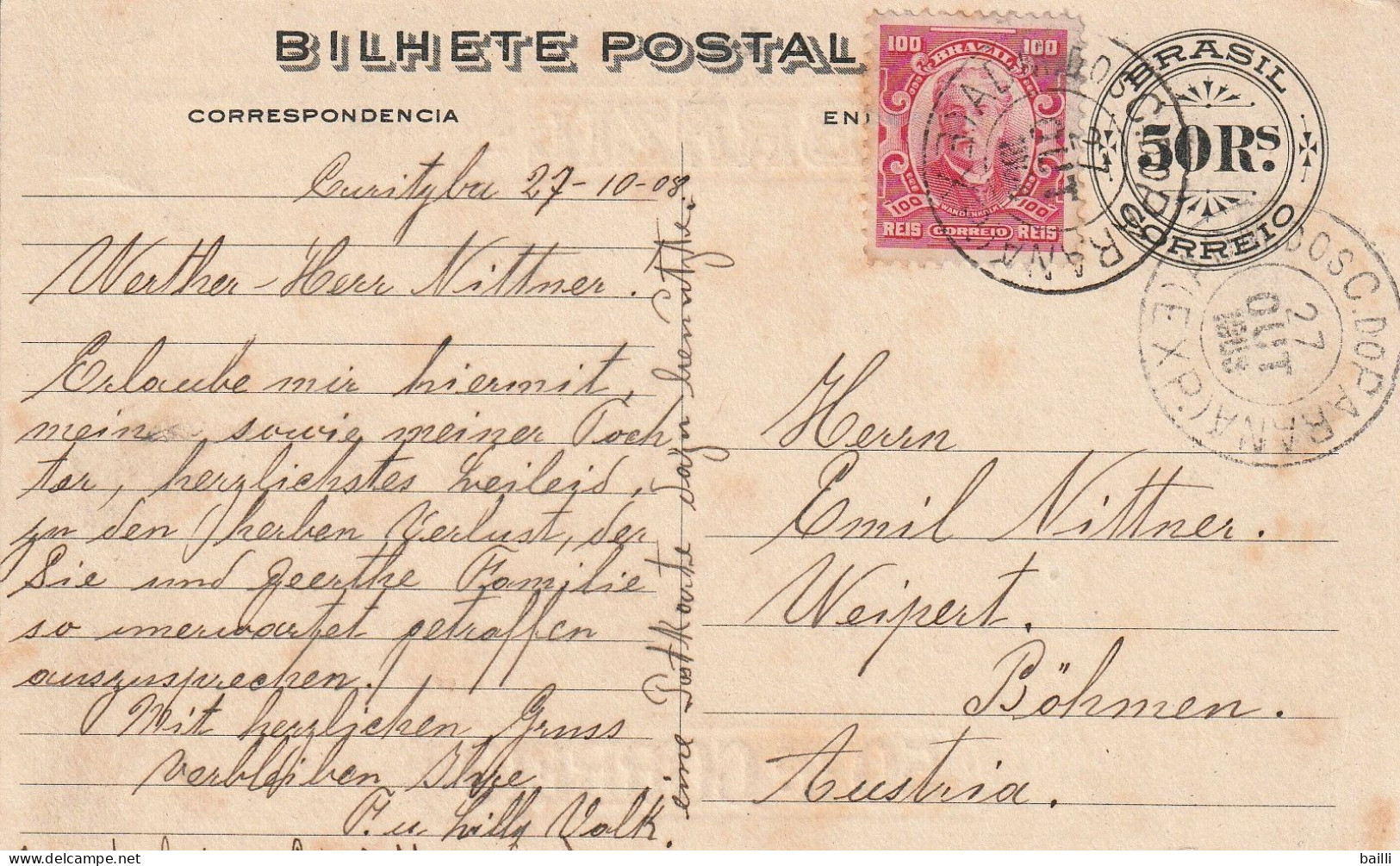 Brésil Entier Postal Illustré Pour L'Autriche 1908 - Postwaardestukken