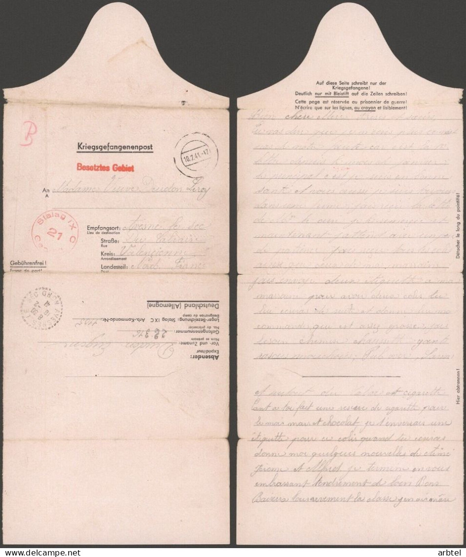 ALEMANIA A AVESNES LE SEC FRANCIA POW CORREO PRISIONEROS DE GUERRA STALAG IXC 1941 - Brieven En Documenten