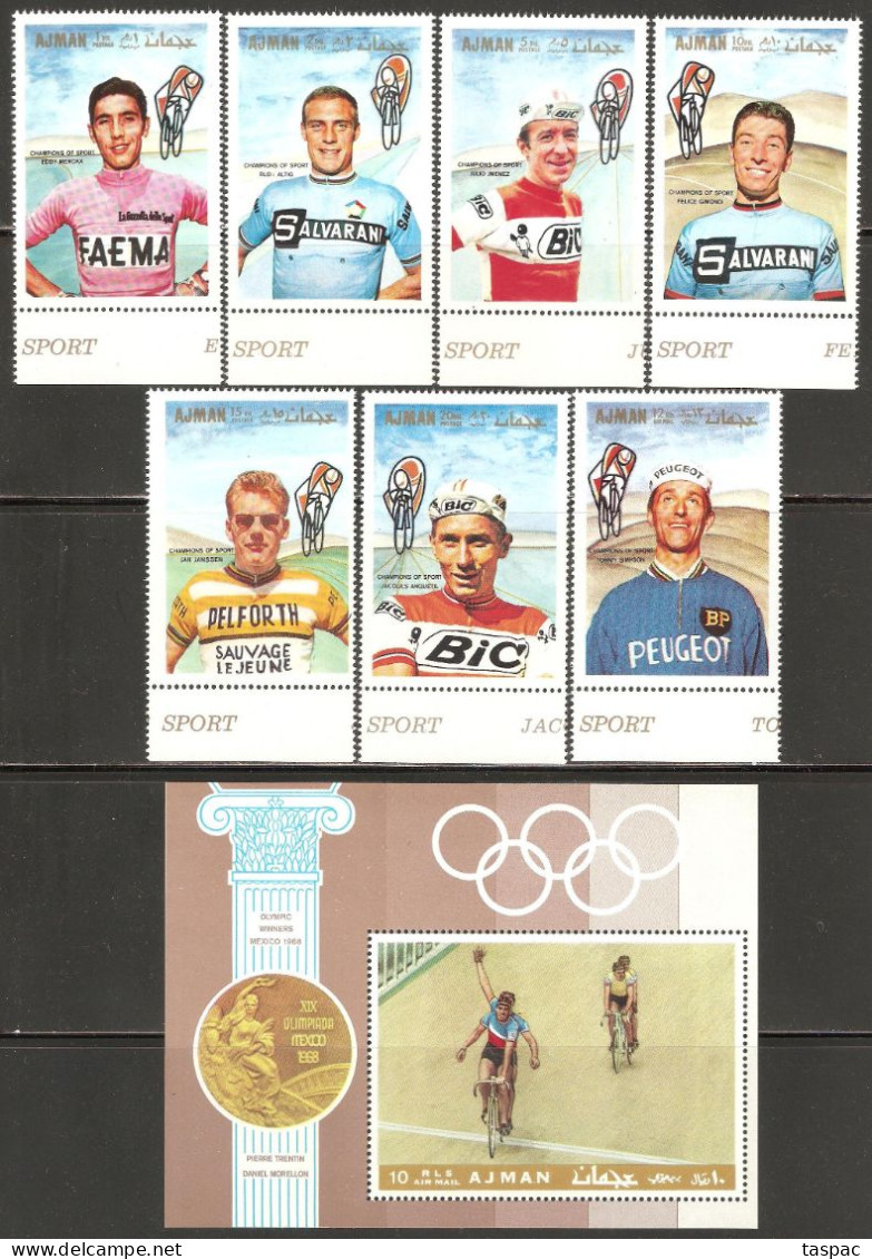 Ajman 1969 Mi# 354-360, Block 77 A ** MNH - Cycling / Summer Olympics, Mexico City '68 - Summer 1968: Mexico City