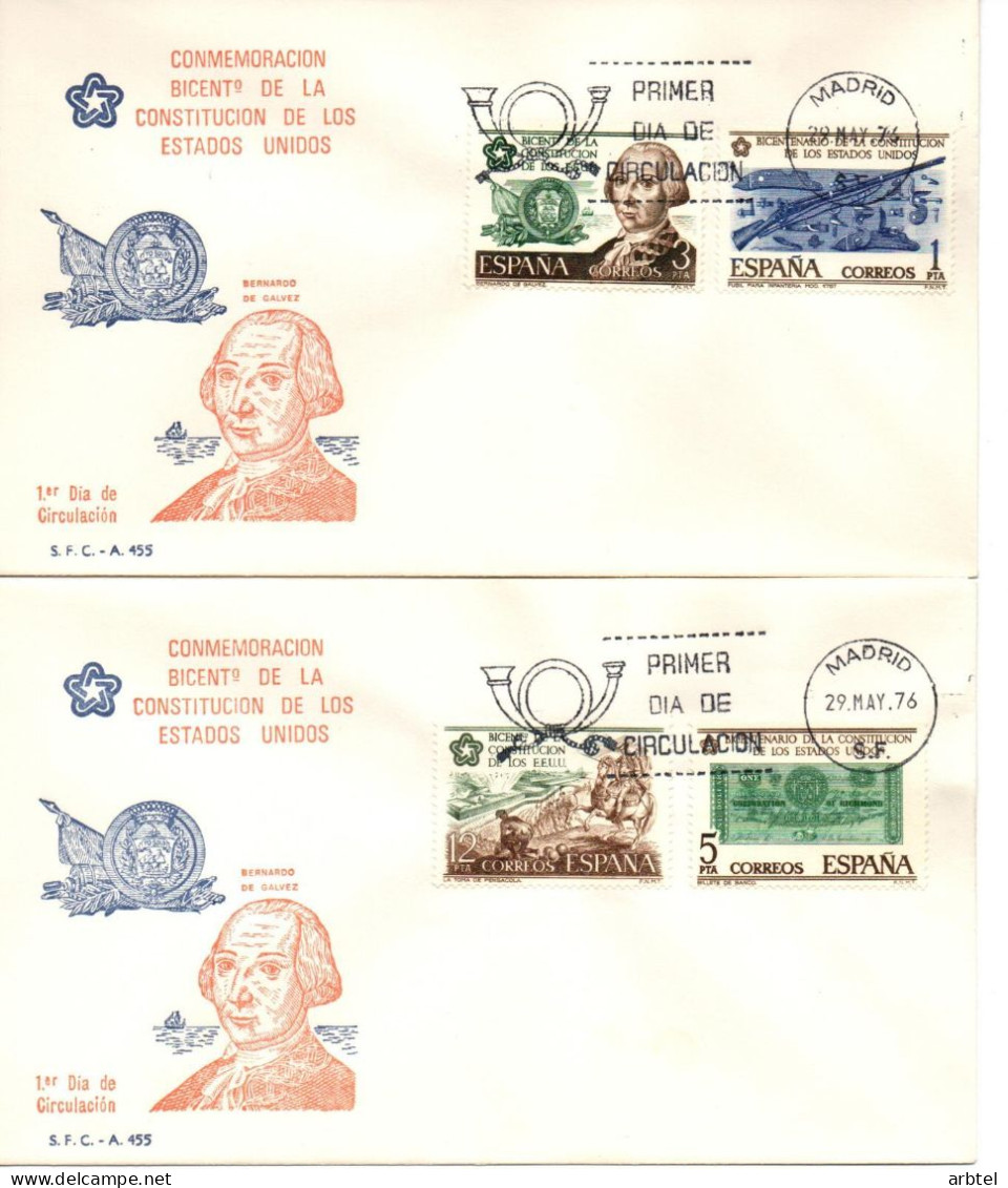 ESPAÑA SPAIN SPD FDC 1976 INDEPENDENCIA USA BILLETE GALVEZ USA - Unabhängigkeit USA