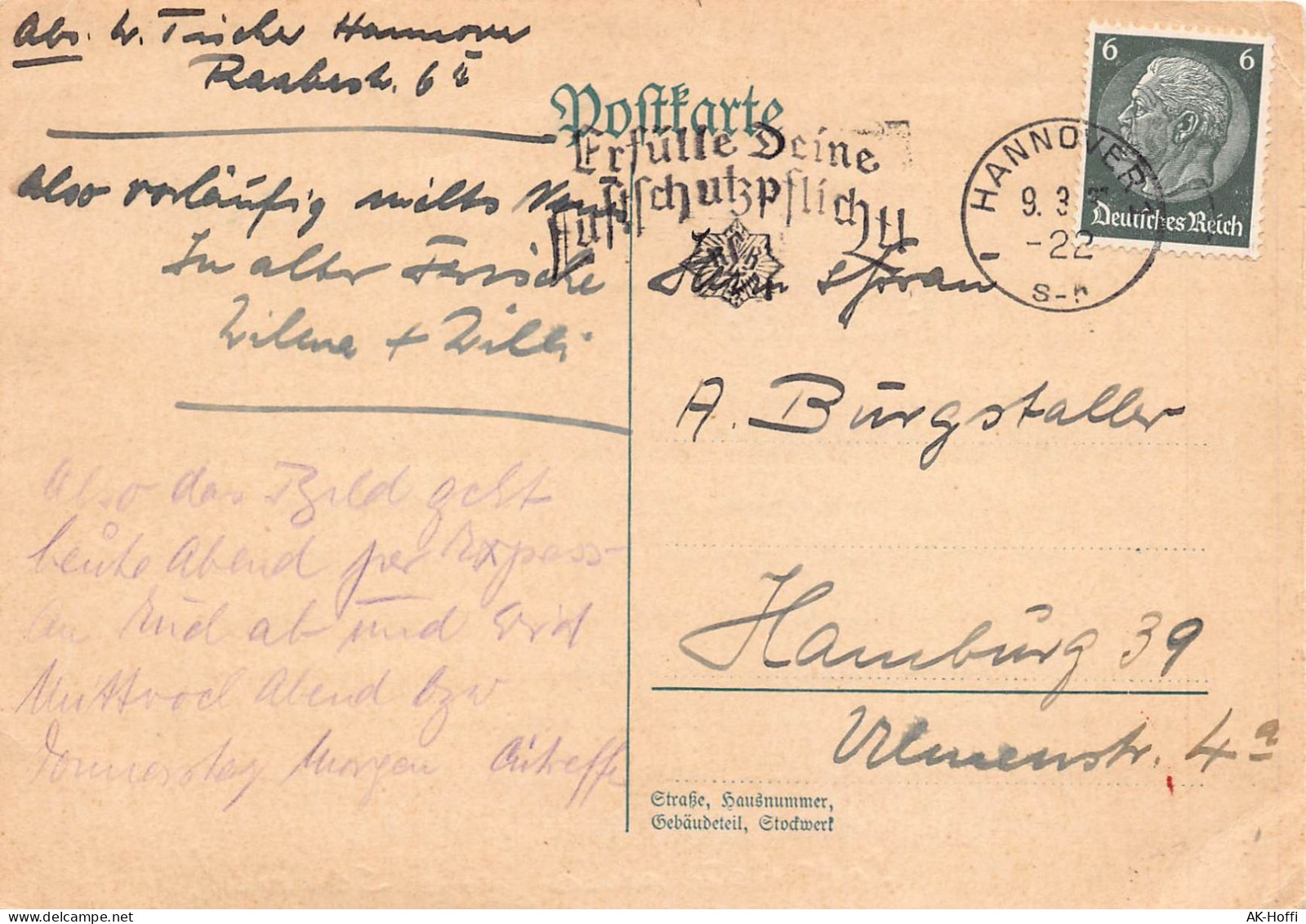 Postkarte 1937 Gelaufen Von Hannover Nach Hamburg - Postkarten