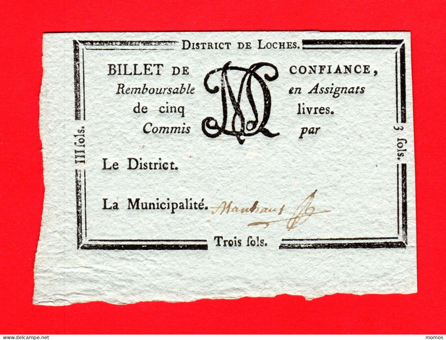 TRES RARE - BILLET DE CONFIANCE - TROIS SOLS - DISTRICT DE LOCHES - REVOLUTION  FRANCAISE - Assignats