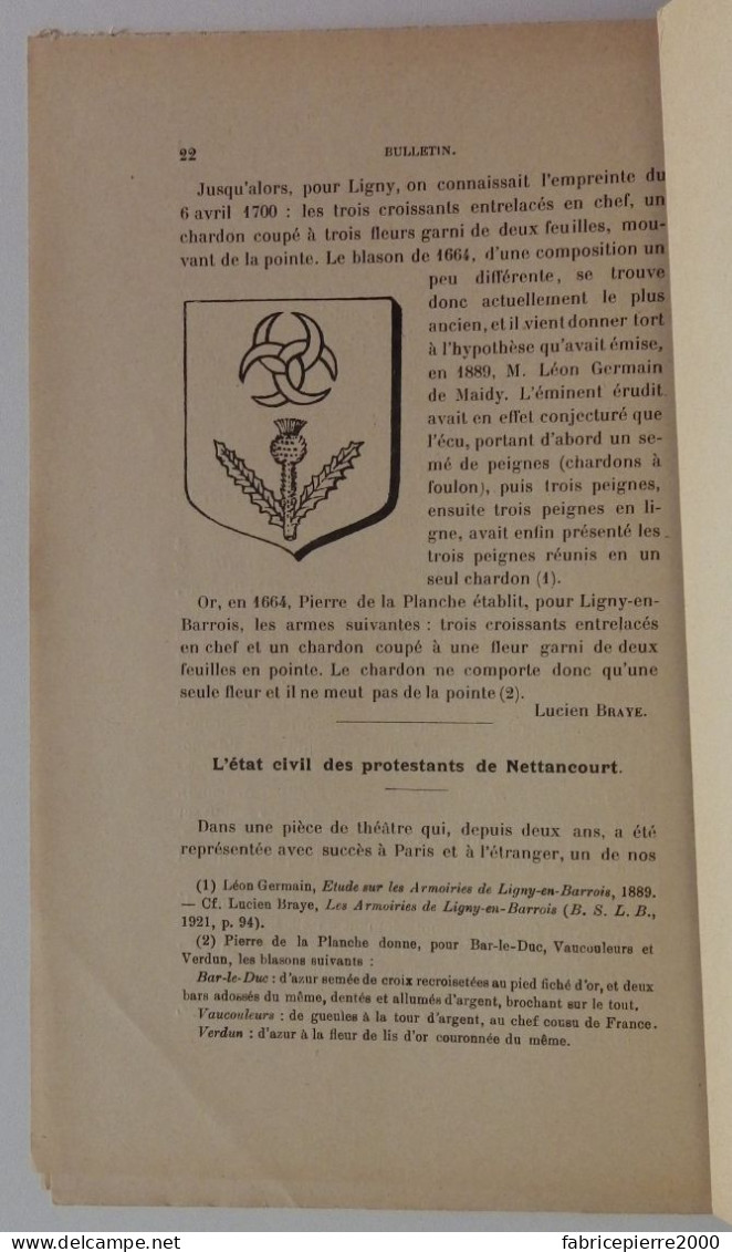 NETTANCOURT - articles du Bulletin de la Sté des lettres siences et arts de Bar-le-Duc 1924 EXCELLENT ETAT Meuse