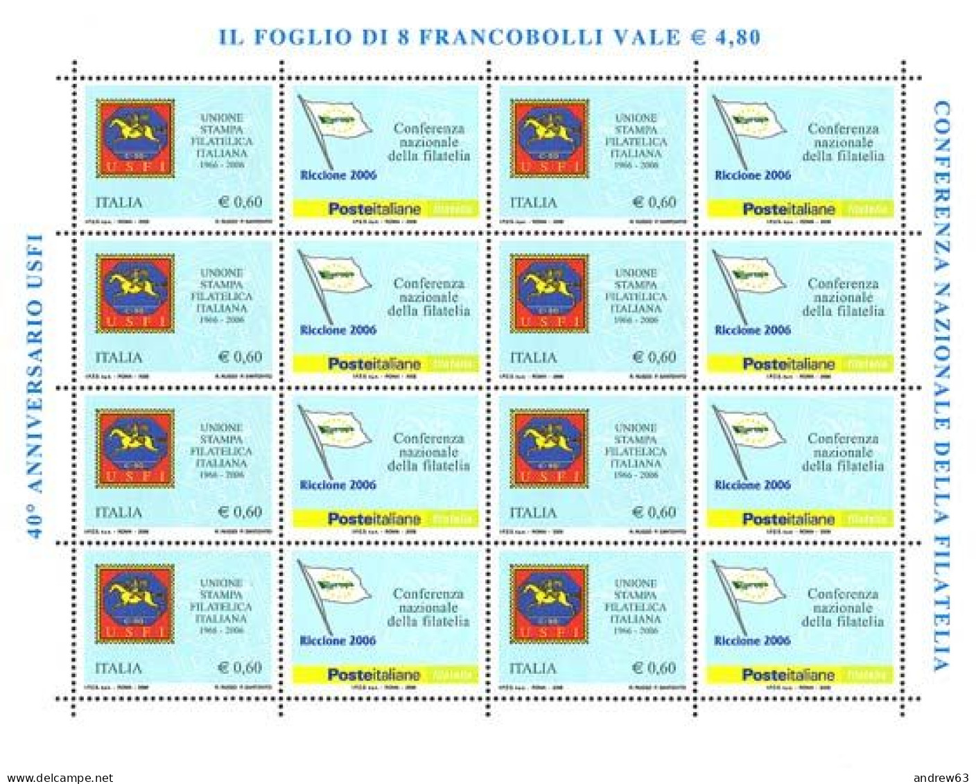 ITALIA - REPUBBLICA ITALIANA - 2006 - 0,60€ USFI - Minifoglio Da 8 Francobolli - MNH - Feuilles Complètes