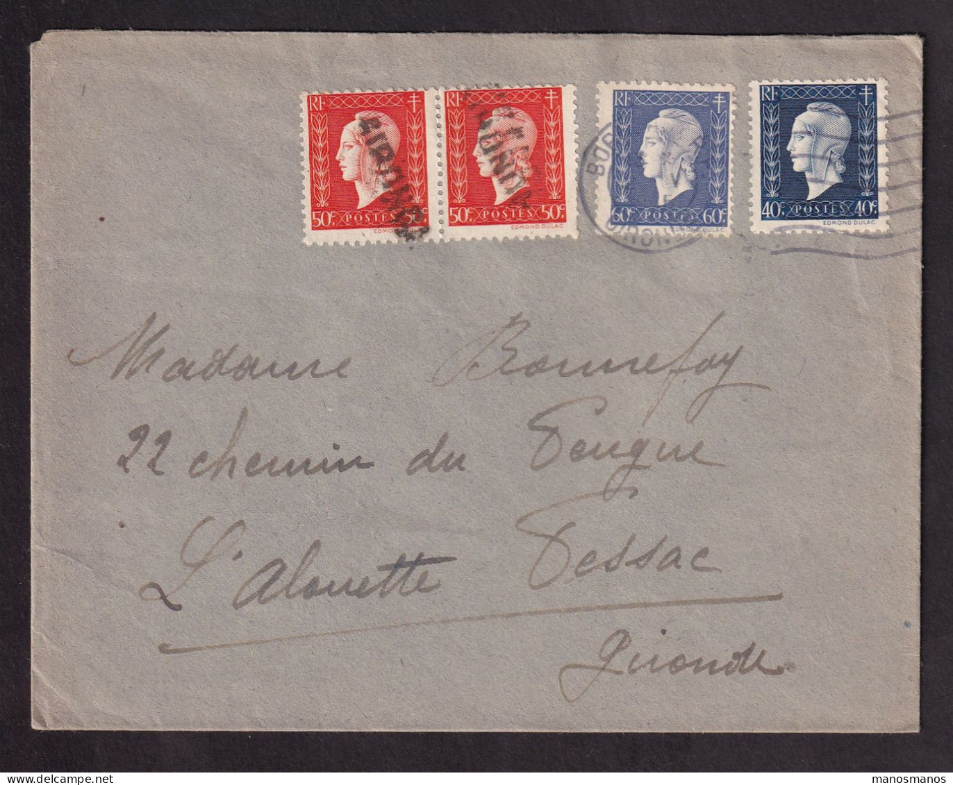 DDGG 045 - Enveloppe TP Marianne Dulac (Tricolore) Mécanique BORDEAUX 1945 - 2 Timbres Annulés Par La Griffe GIRONDE - 1944-45 Marianne (Dulac)