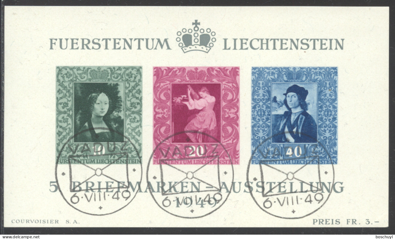 Liechtenstein, 1949, Paintings, Da Vinci, Raffael, Art, Vaduz Philatelic Exhibition, FD Cancelled, Gum, Michel Block 5 - Blocks & Kleinbögen