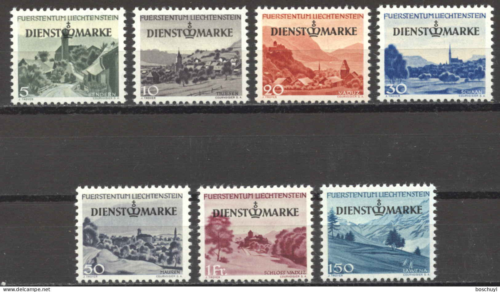 Liechtenstein, 1947, Service Stamps, Landscapes, Scenery, Overprinted, MNH, Michel 28-34 - Ongebruikt