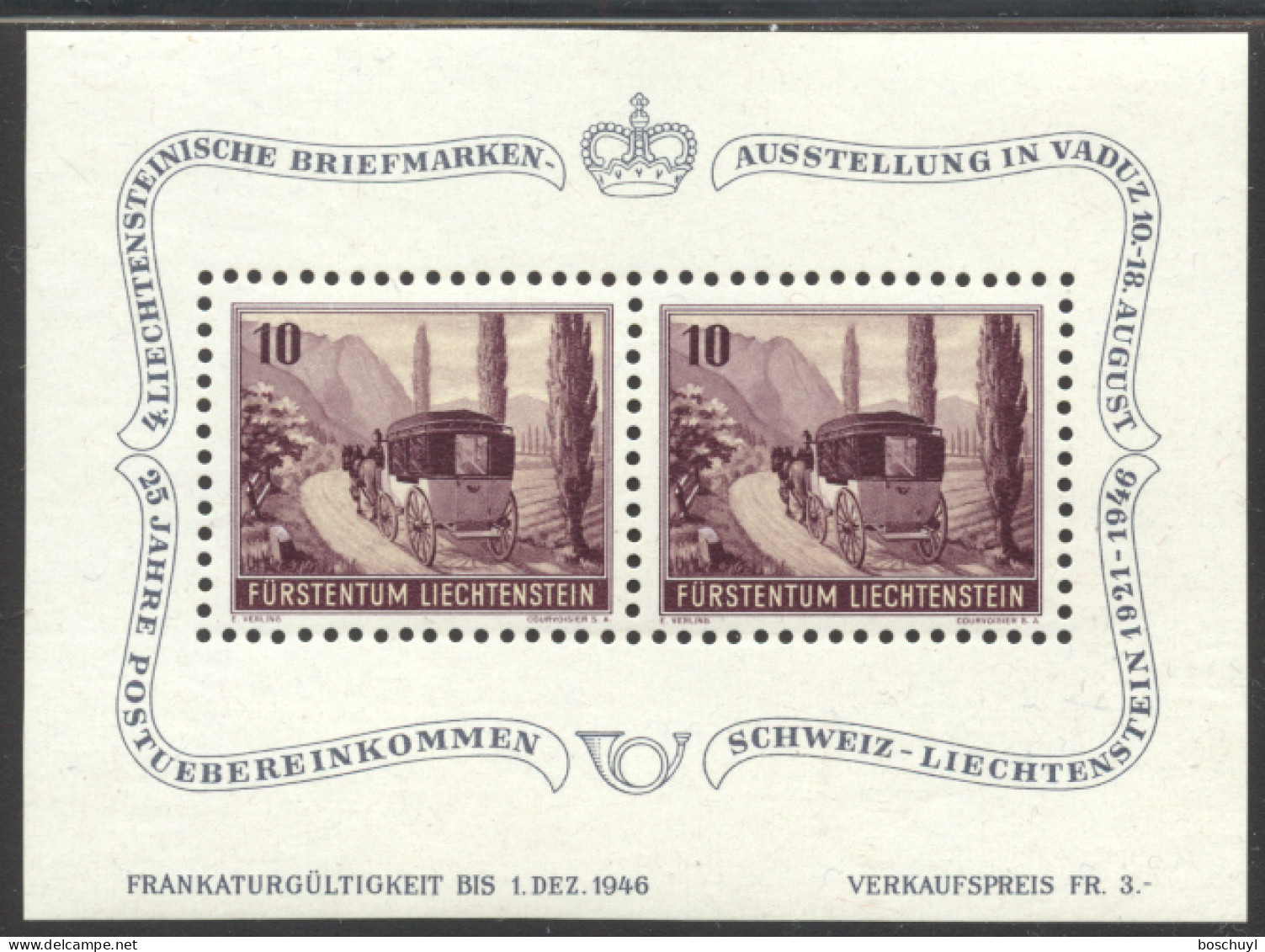 Liechtenstein, 1946, Coach, Horses, Postal Treaty, Philatelic Exhibition, MLH, Michel Block 4 - Blocks & Kleinbögen