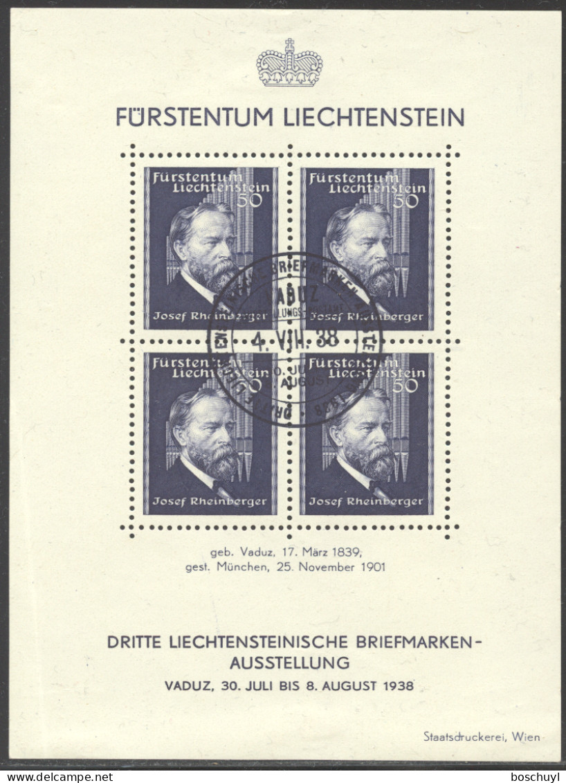 Liechtenstein, 1938, Rheinberger, Composer, Organ, Music, Stamp Exhibition, Cancelled, LH Gum, Michel Block 3 - Blocks & Kleinbögen