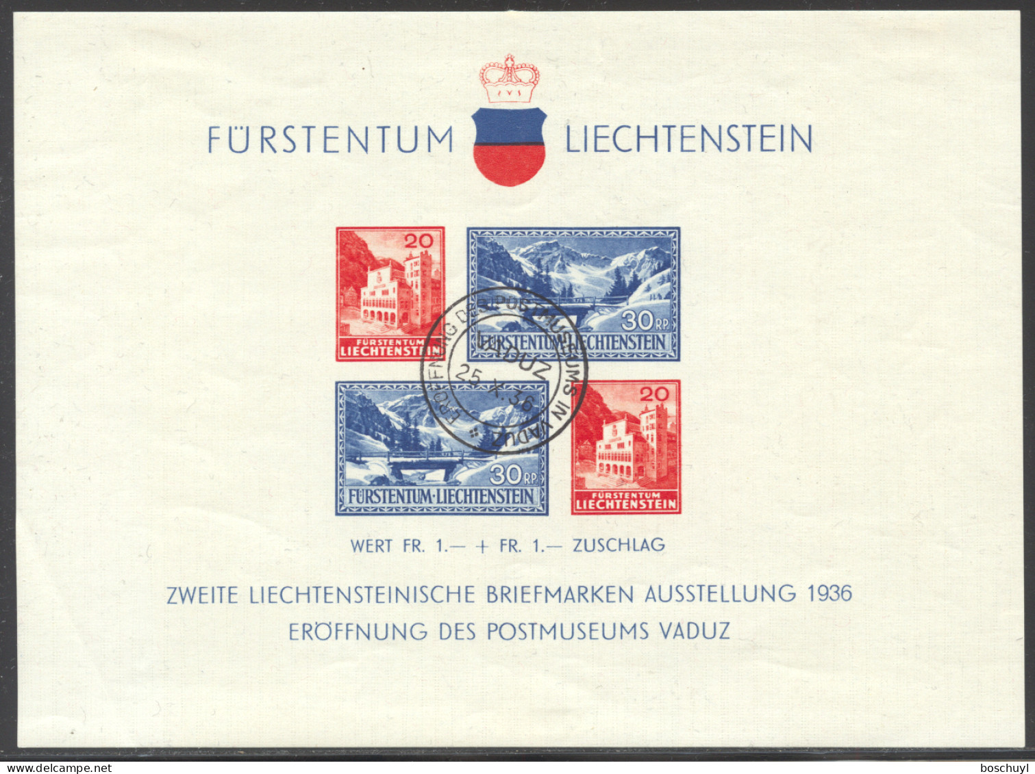 Liechtenstein, 1936, Postal Museum, Vaduz Philatelic Exhibition, Cancelled, Hinged Gum, Michel Block 2 - Blocks & Kleinbögen