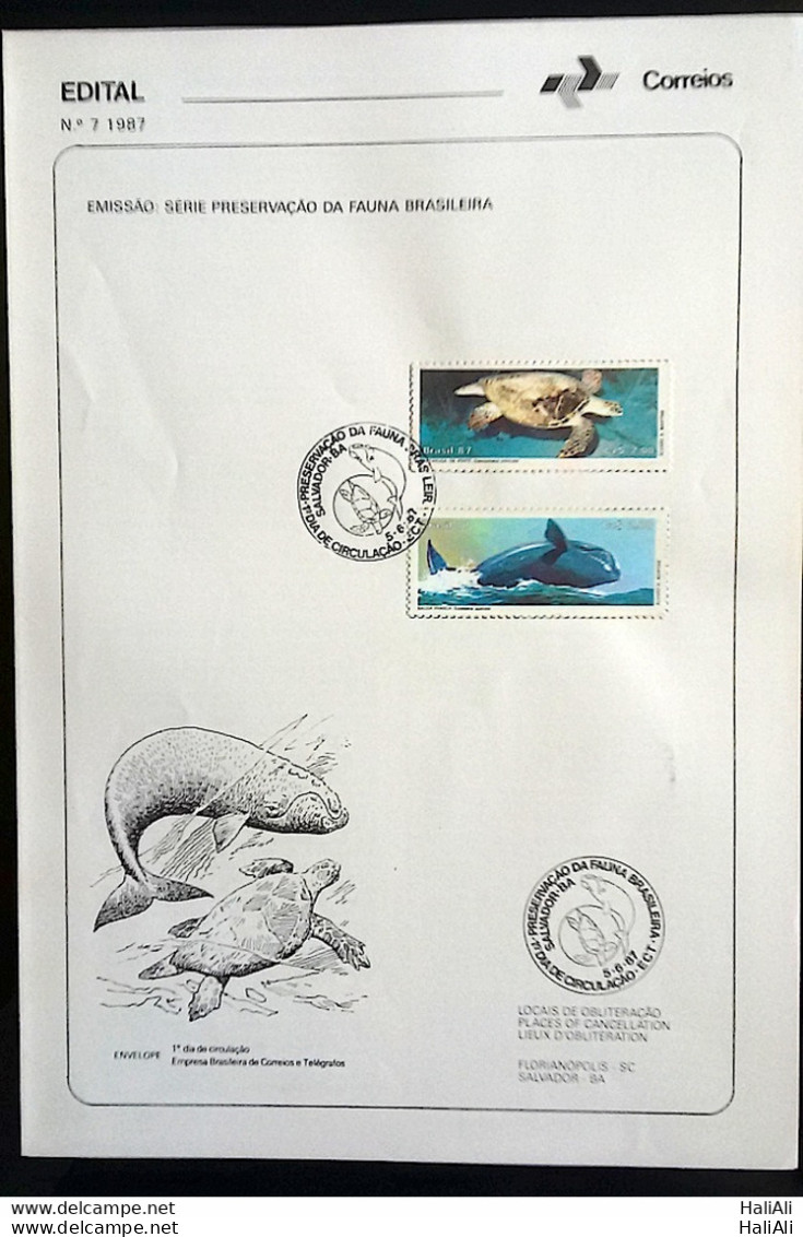 Brochure Brazil Edital 1987 07 Fauna Turtle Whale With Stamp CBC BA Salvador - Lettres & Documents
