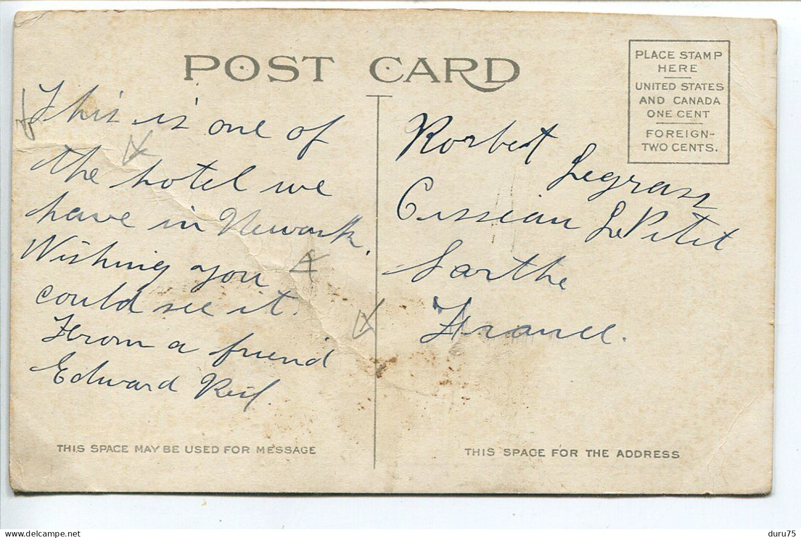 ETATS UNIS Post Card Ecrite * NEWARK Assembly The Robert Treat Hôtel * Valentine Souvenir - Autres & Non Classés