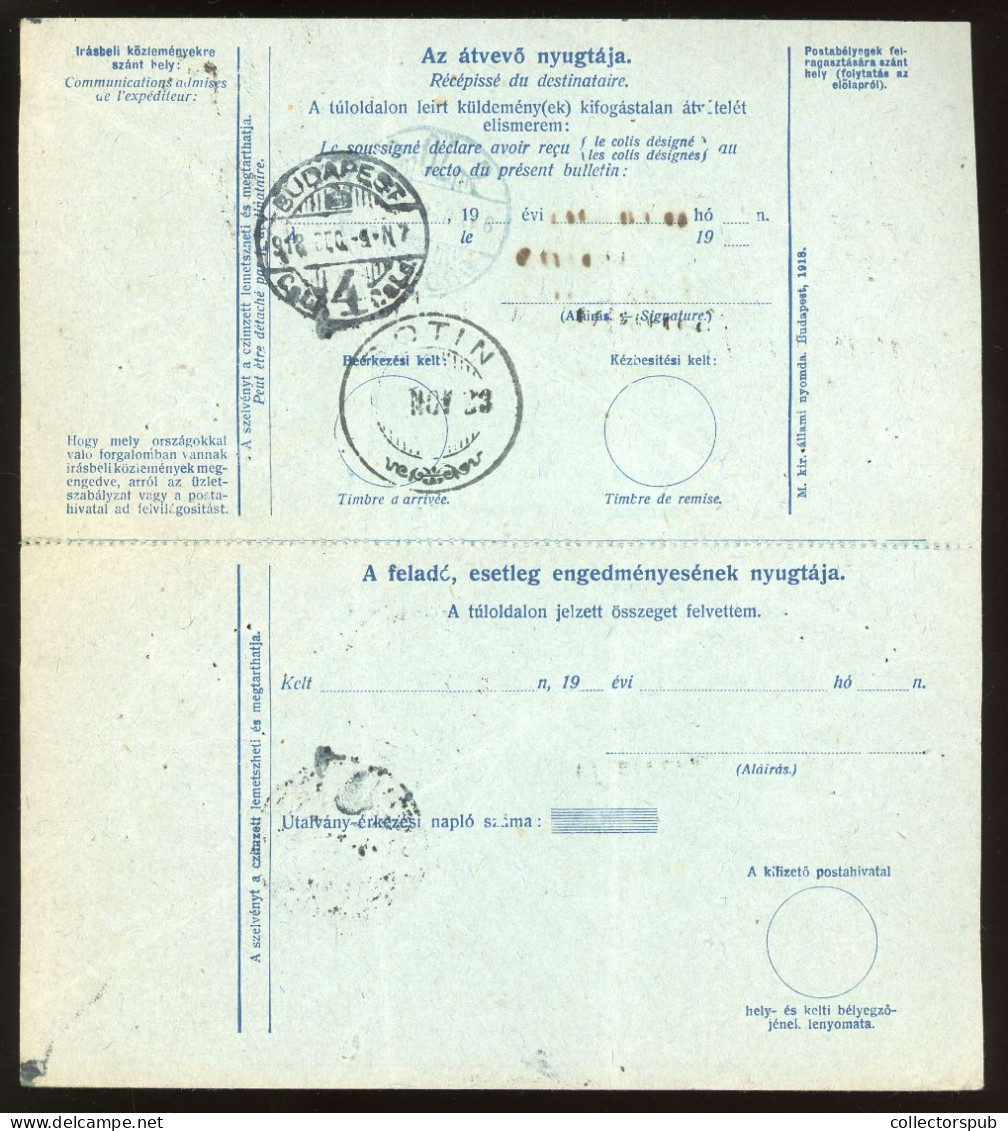 HUNGARY 1918. Interesting Retour Parcel Card - Pacchi Postali