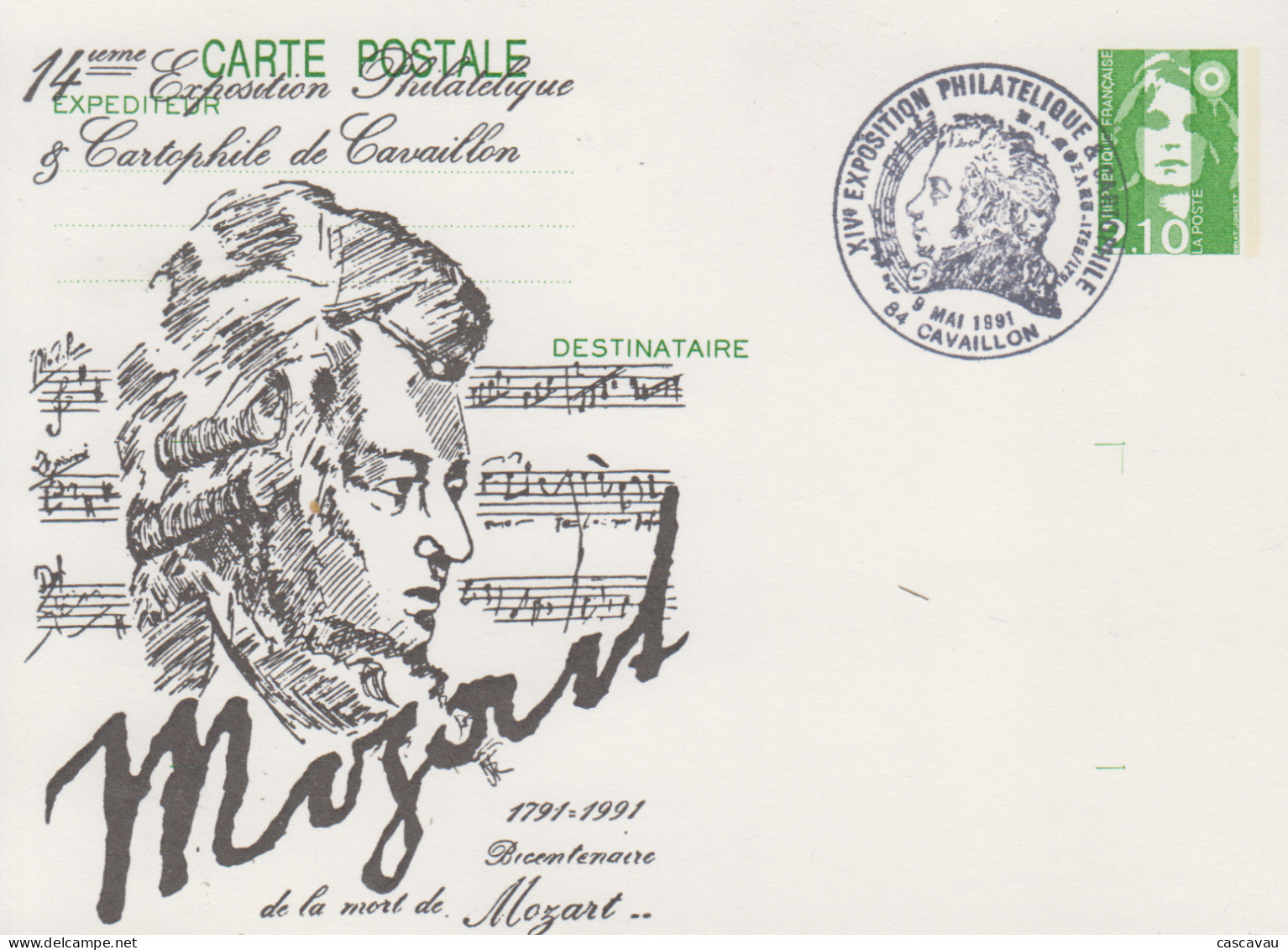 Carte  FRANCE   Entier  Postal  Repiqué     Hommage  à   MOZART     CAVAILLON   1991 - Bijgewerkte Postkaarten  (voor 1995)