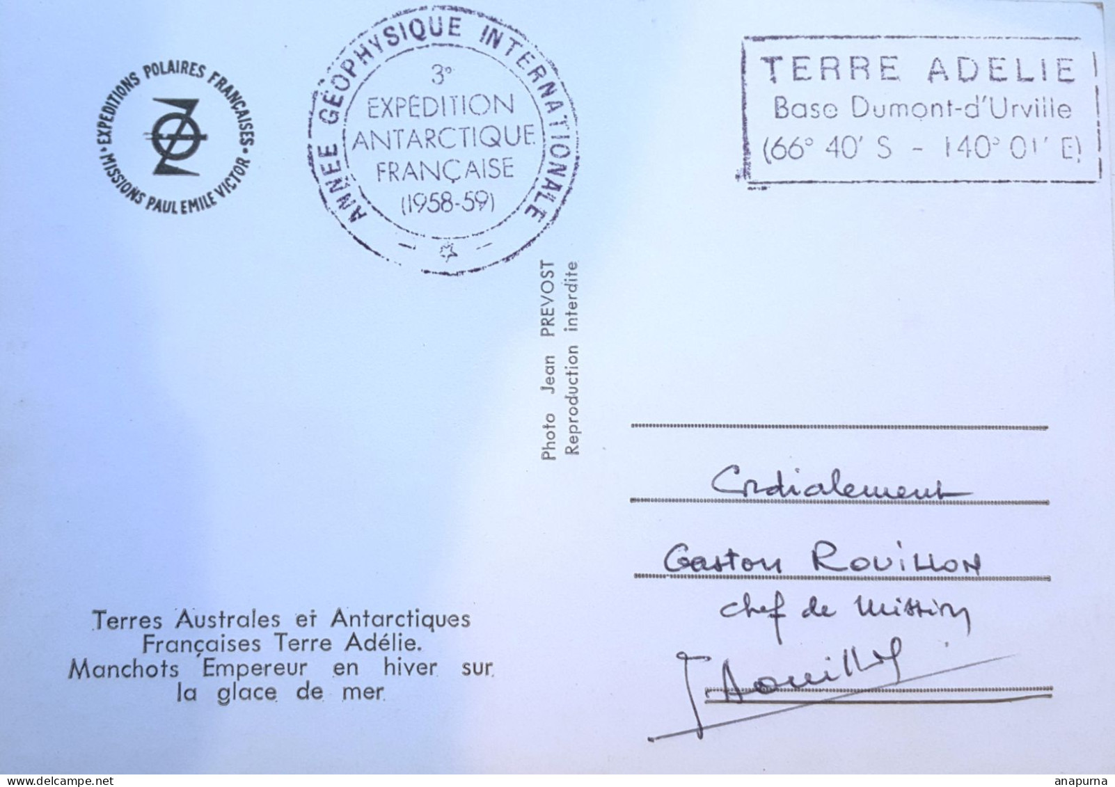 Carte TAAF EPF, Empereurs, Terre Adélie, Signée Par Gaston Rouillon Chef 3eme Expé AGI, Cachet Rond De GR 3eme Expé, - Storia Postale