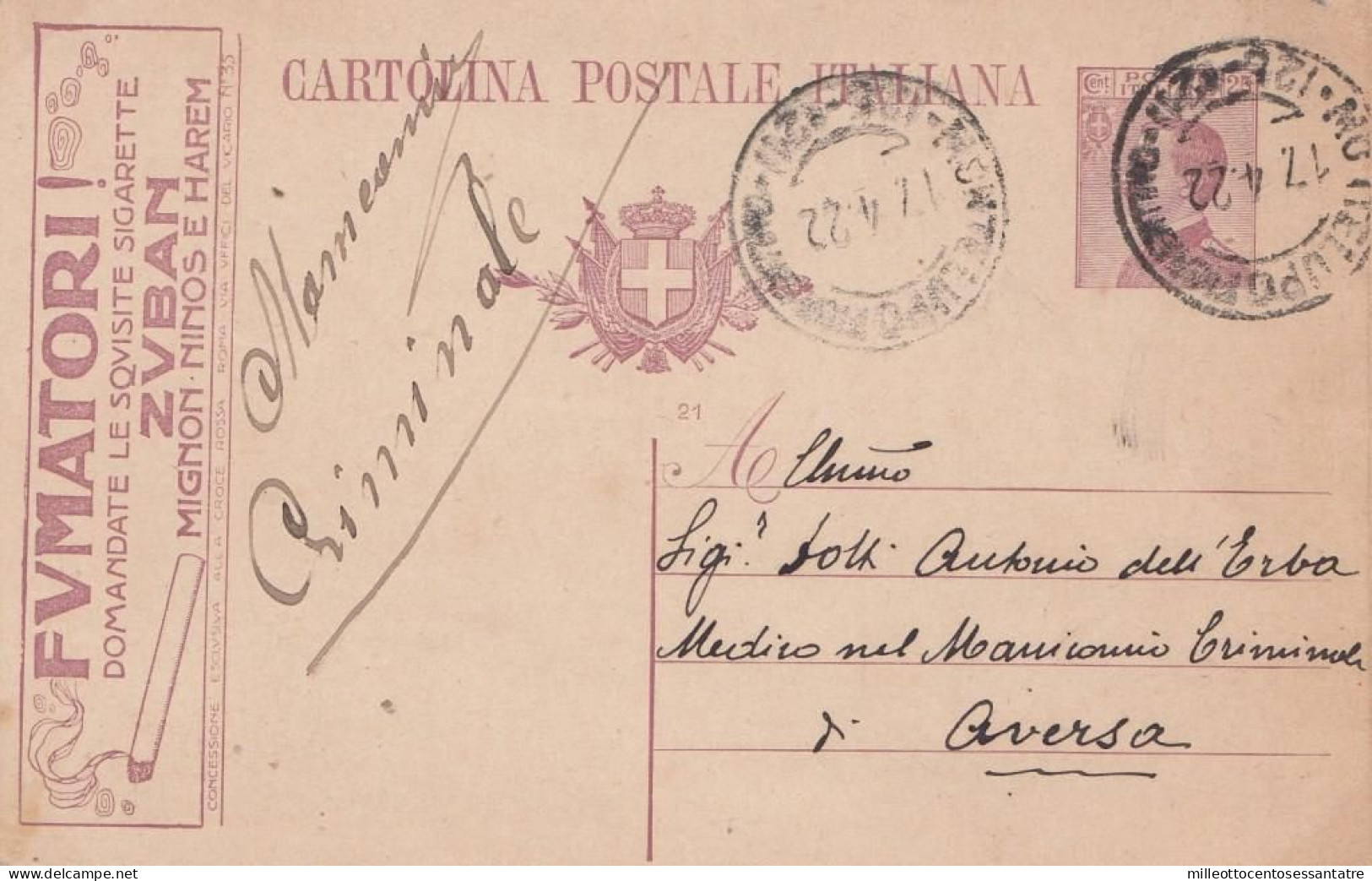 2298 - REGNO - Intero Postale Pubblicitario " FUMATORI ! SIGARETTE ZUBAN " Da Cent.25 Del 1922 Da Montelupo Ad Aversa - Publicité