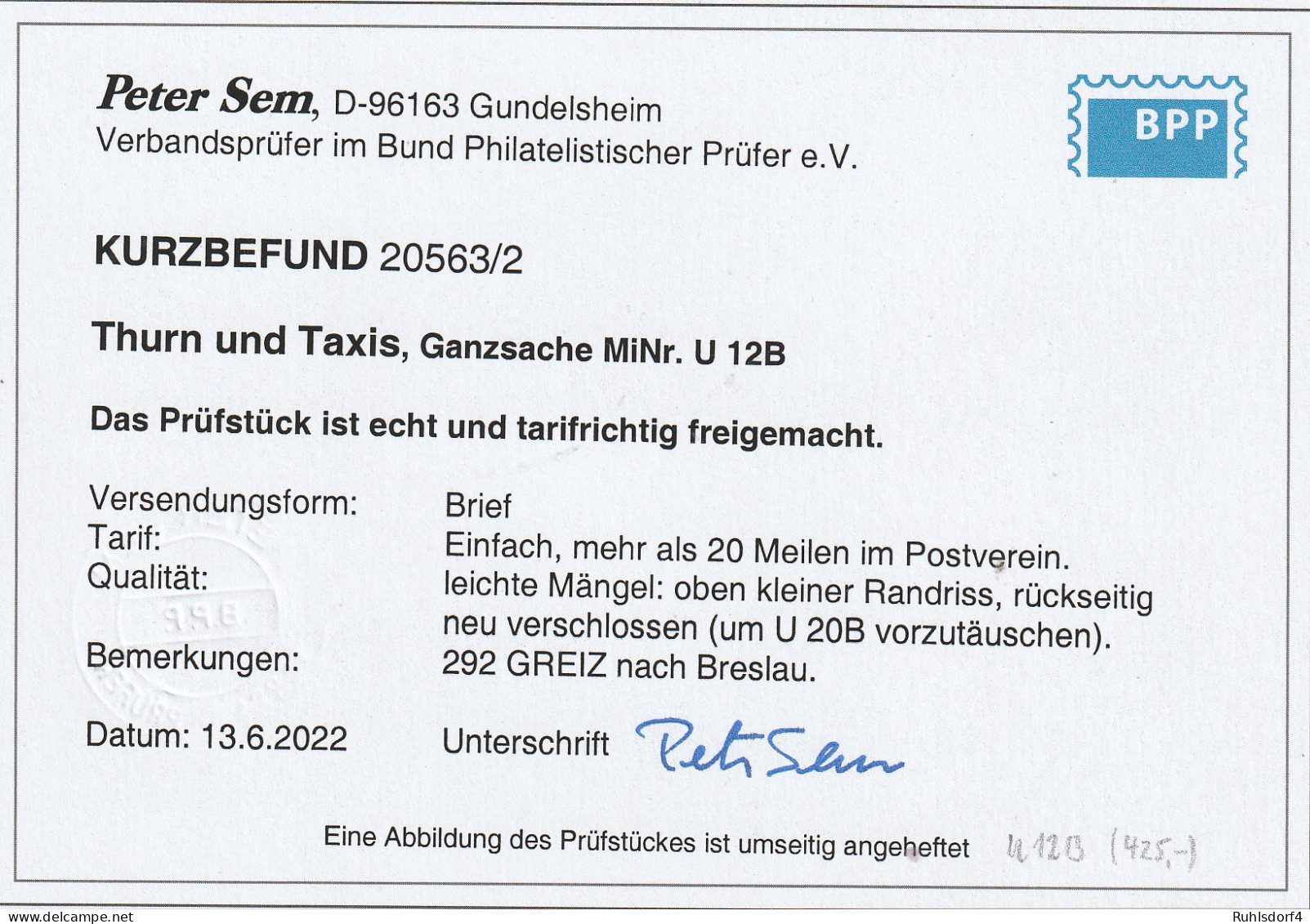 Thurn&T.: Seltener Ganzsachenumschlag U 12B, Befund Sem BPP - Other & Unclassified