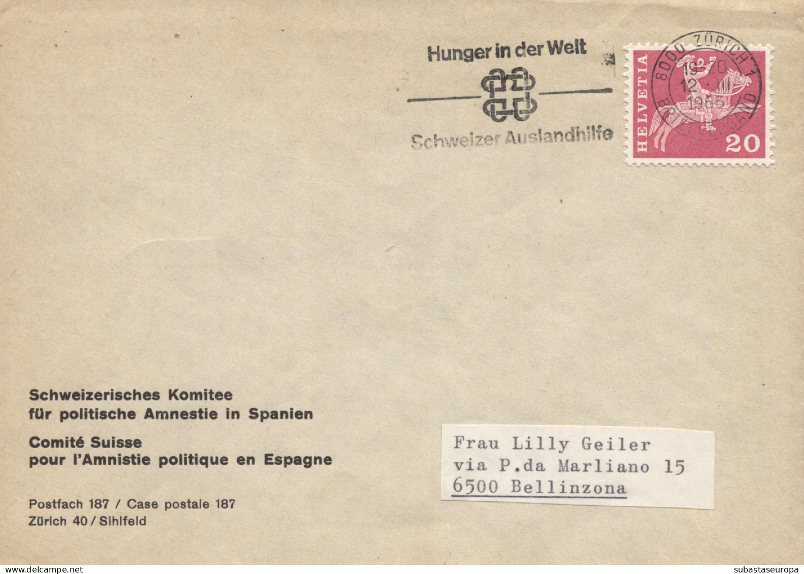 SUIZA. 1966. Sobre Circulado En El Interior De Suiza. Membrete "Comité Suisse Pour L'ammistie Politique En Espagne". Rar - Briefe U. Dokumente