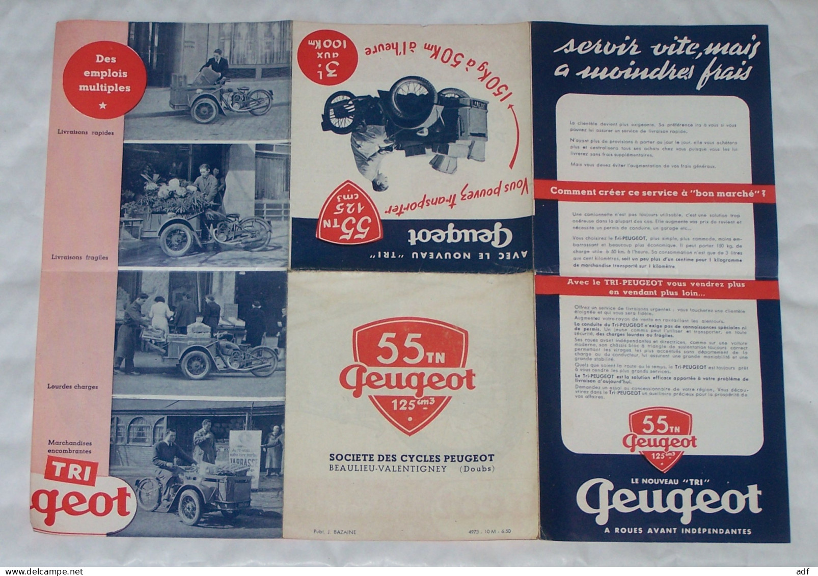 DEPLIANT PUB PUBLICITAIRE TRI PEUGEOT, TRIPORTEUR TRIMOTEUR 55 TN 125 CM3, MOTO, MOTOCYCLETTE - Motor Bikes