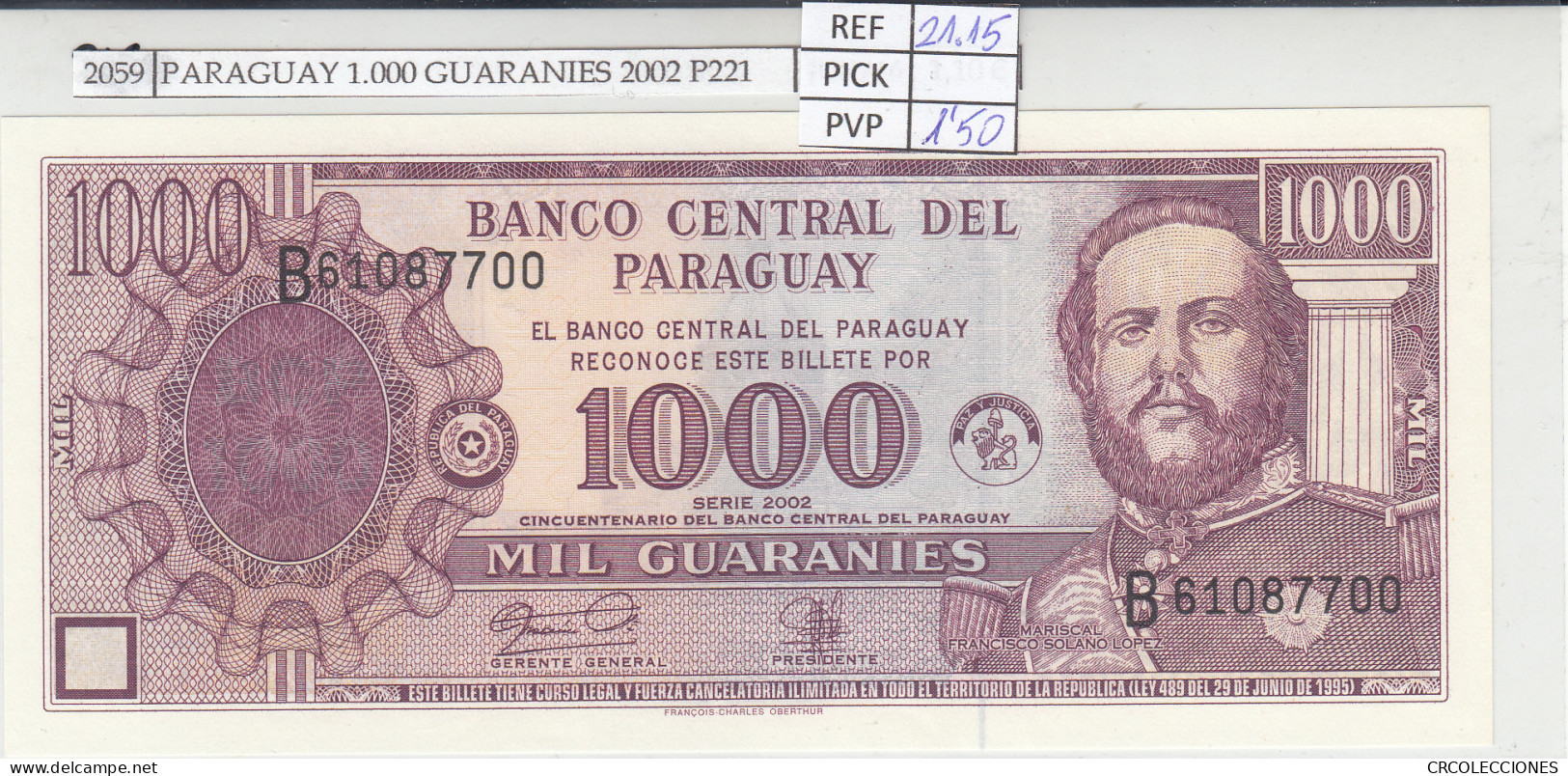 BILLETE PARAGUAY 1.000 GUARANIES 2002 P-221 - Other - America