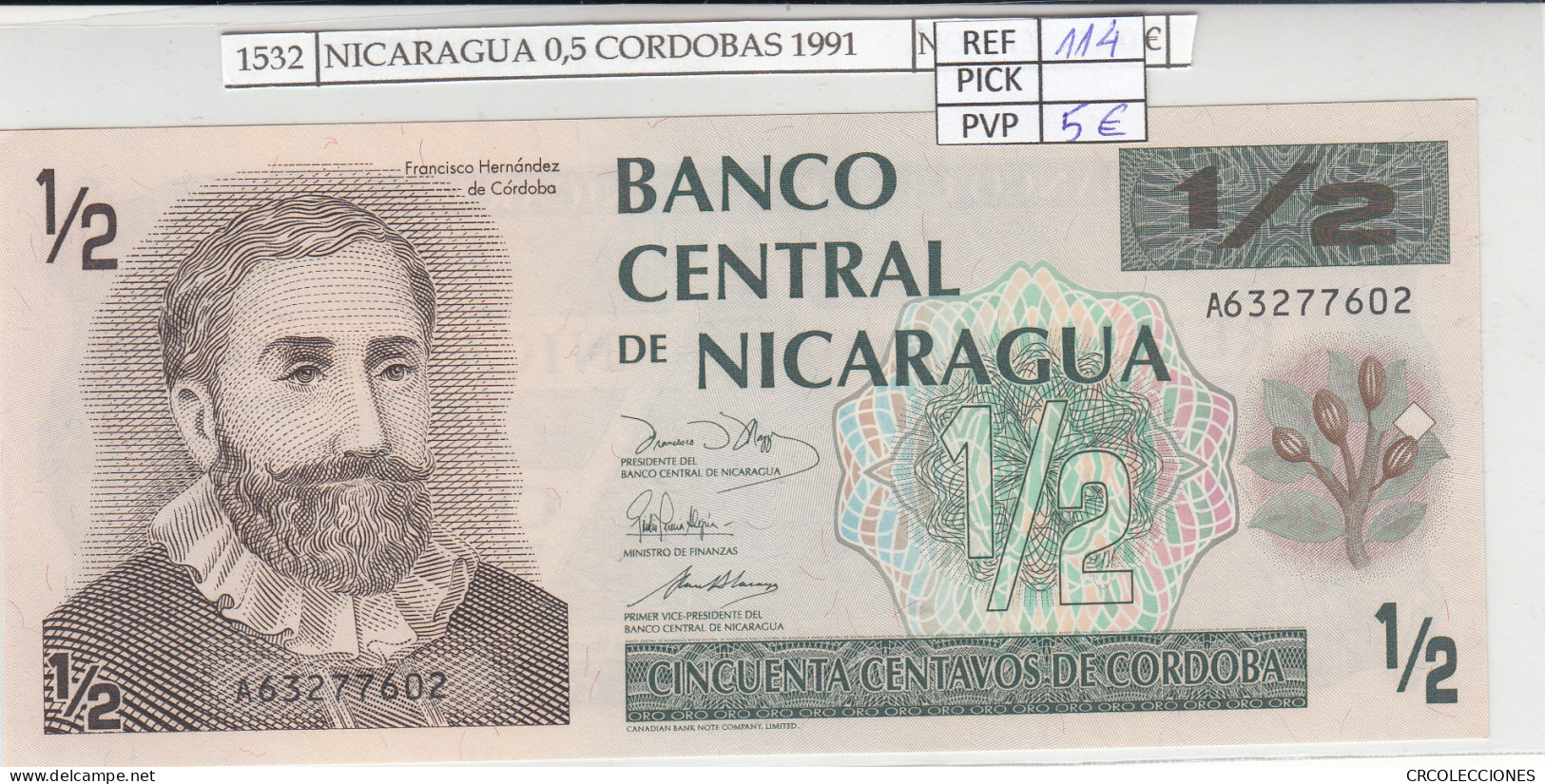 BILLETE NICARAGUA 0,5 CORDOBAS 1991 P-171  - Autres - Amérique