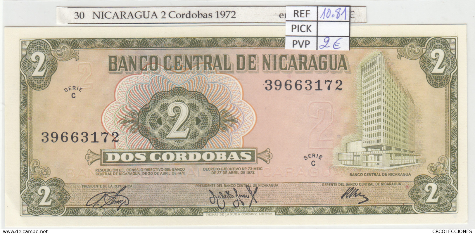 BILLETE NICARAGUA 2 CORDOBAS 1972 P-121a - Other - America