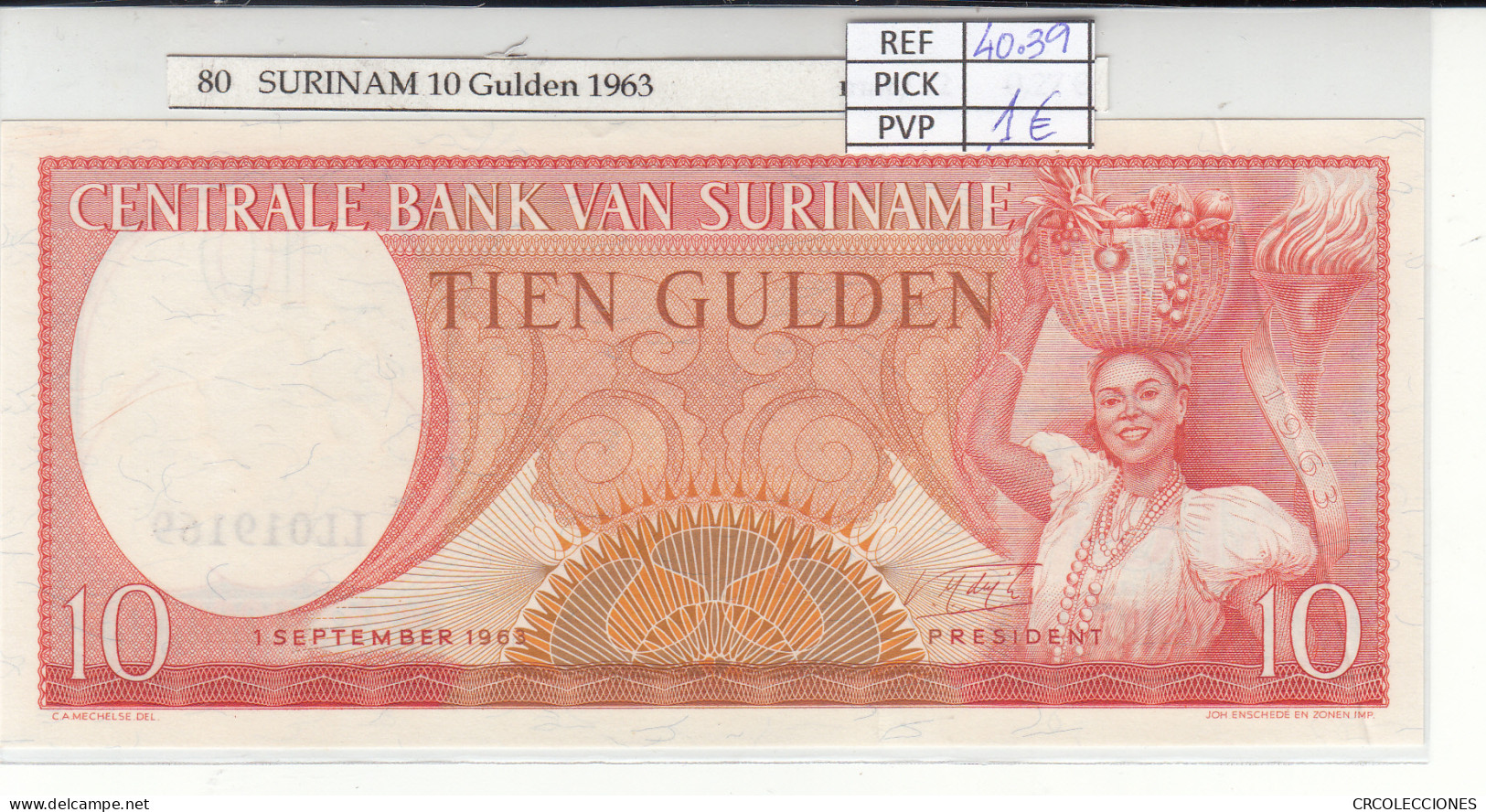 BILLETE SURINAME 10 GULDEN 1963 P-121b - Other - America