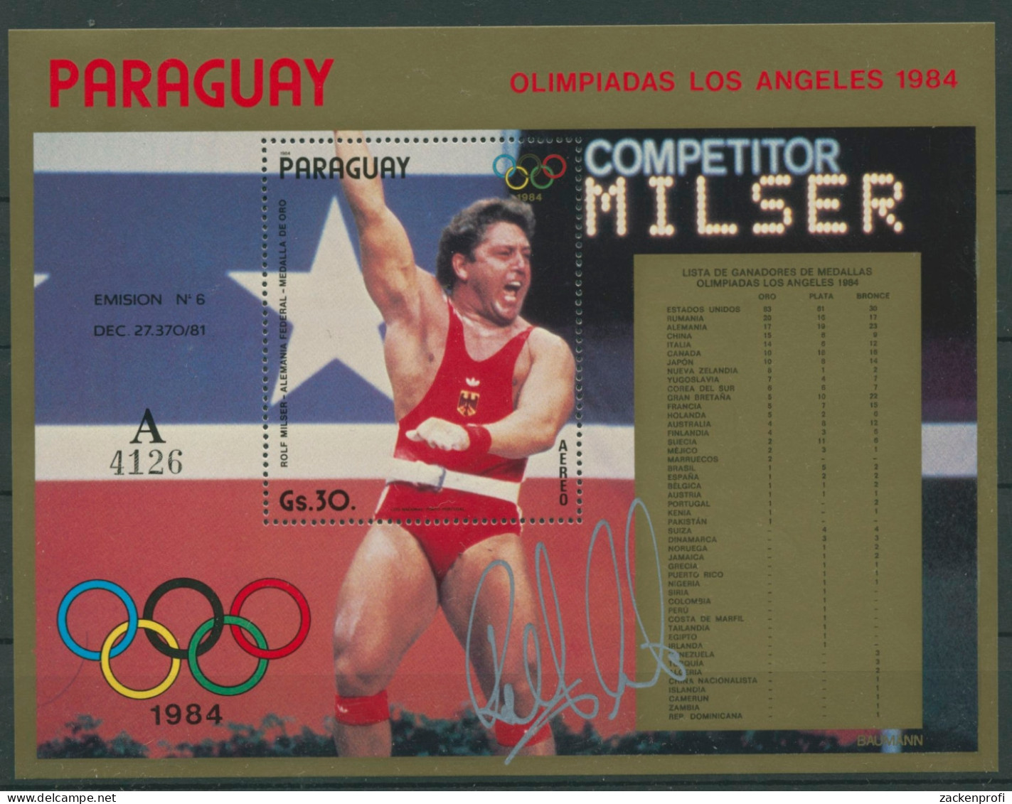 Paraguay 1985 Goldmedaillengewinner Los Angeles Block 410 Postfrisch (C22698) - Paraguay