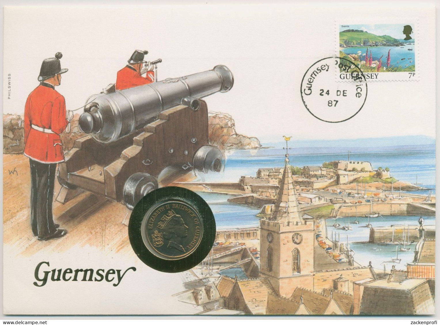 Guernsey 1987 Burganlage Kanone Numisbrief 5 Pence (N136) - Guernesey