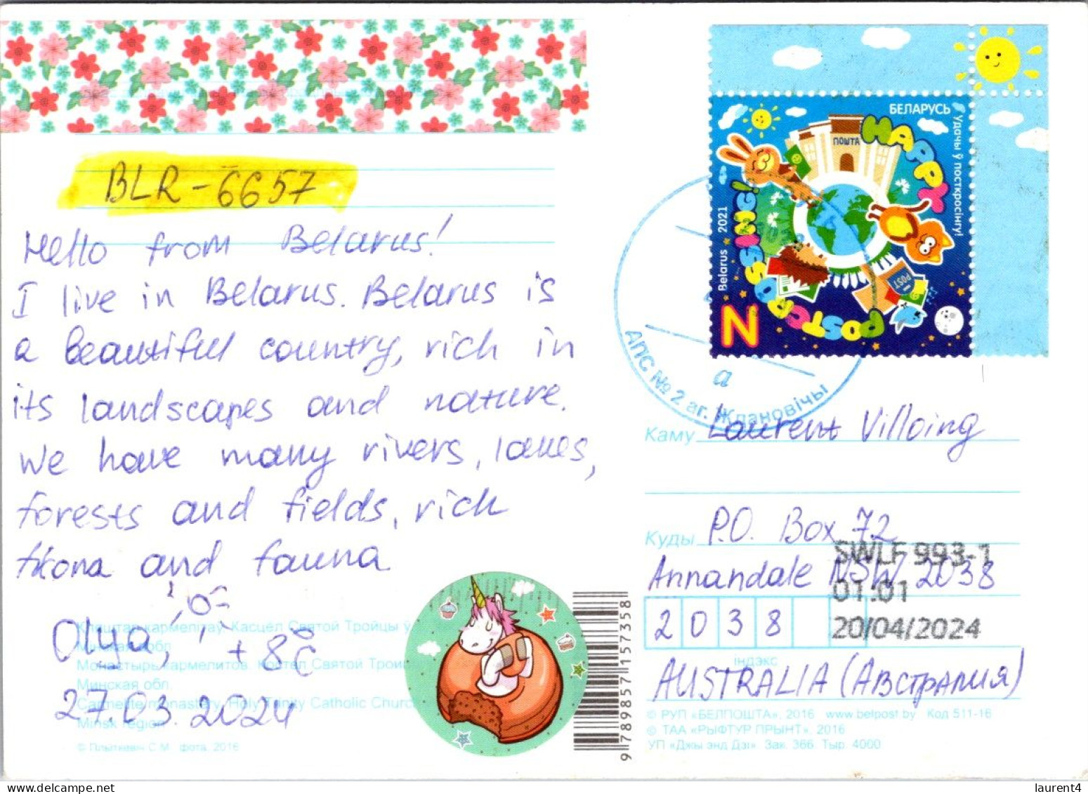 28-4-2023 (3 Z 16) Belarus (posted To Australia 2024) Church / Eglise (with Special Postcrossing Related Stamp Issue) - Kirchen U. Kathedralen