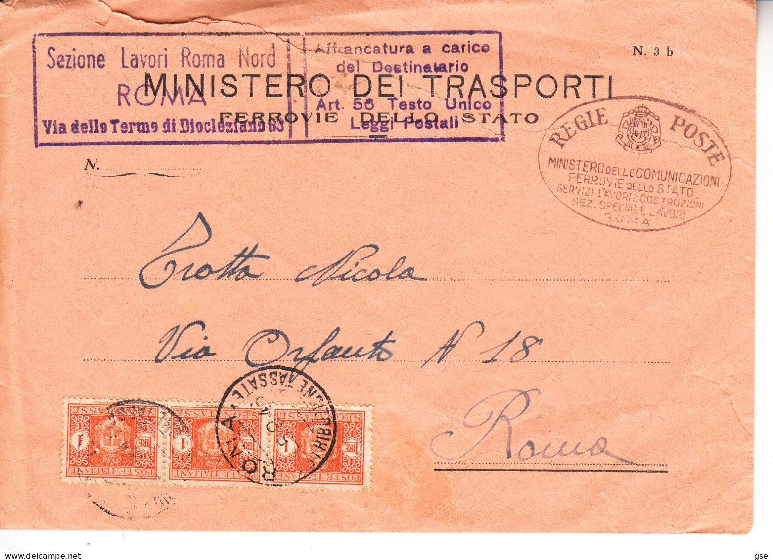 ITALIA  1945 - Lettera Minstero Dei Trasporti Con Tassa A Carico - Taxe