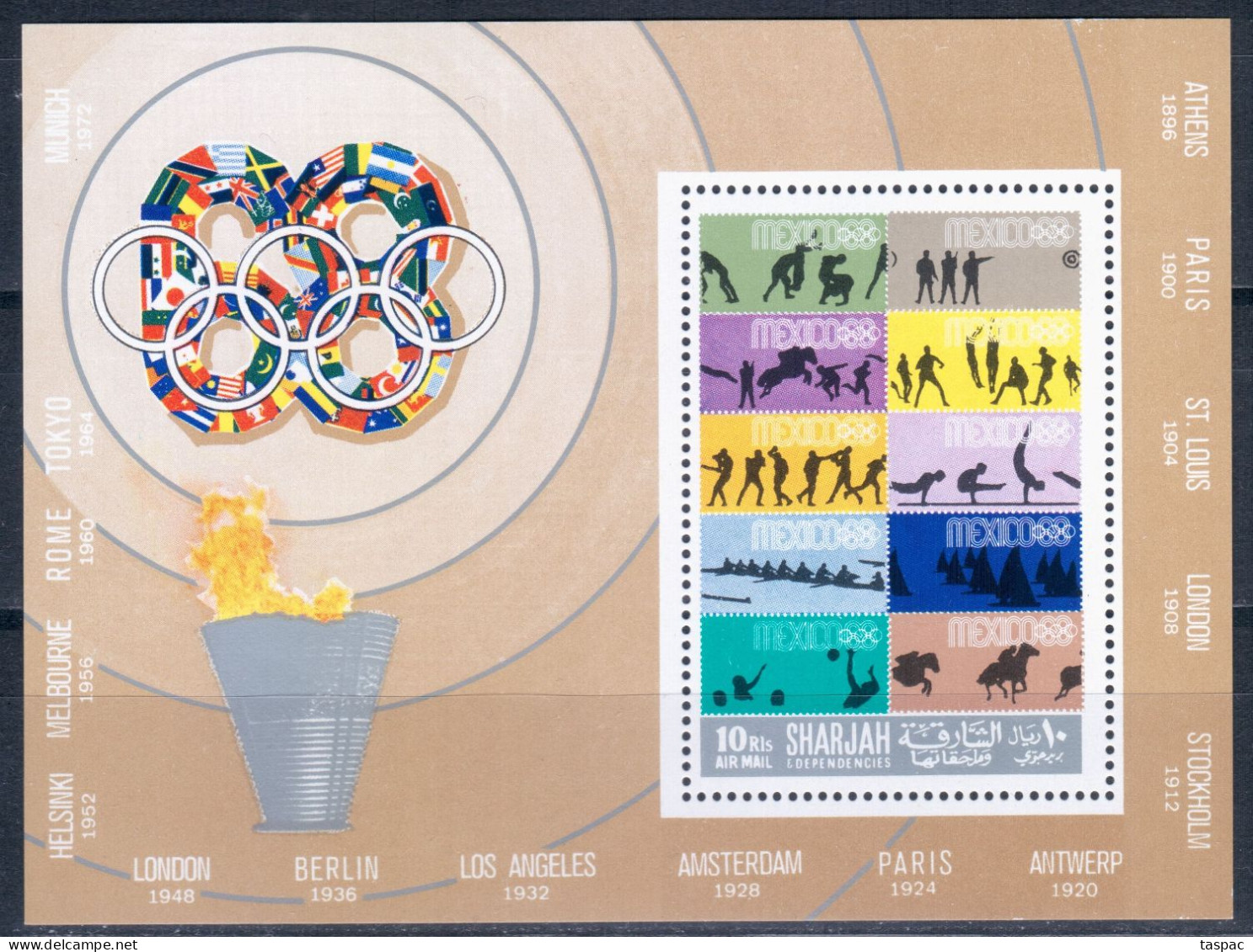 Sharjah 1968 Mi# Block 43 A Var. ** MNH - S/s Margins In Brown - Summer Olympics, Mexico '68 / Stamps On Stamps - Sharjah