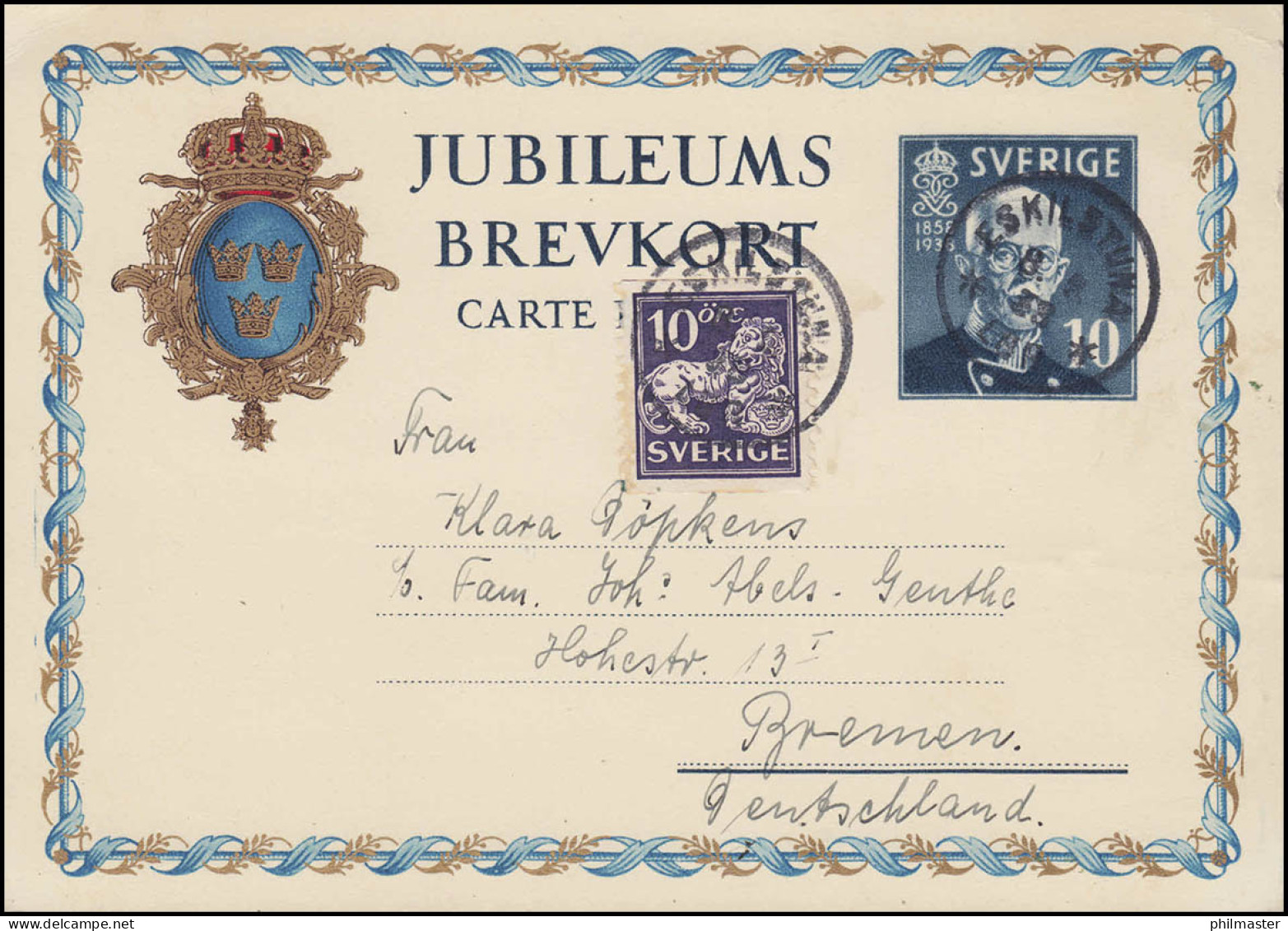Postkarte P 59 Geburtstag 10 Öre Mit Zusatzfr., ESKILSTUNA 8.9.1938 Nach Bremen - Postal Stationery