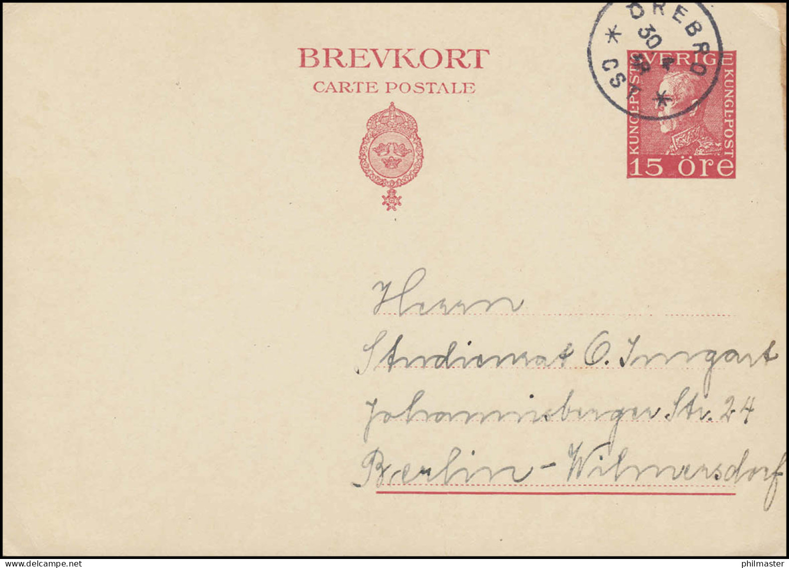 Postkarte P 50 König Gustav 15 Öre, ÖREBO 30.4.1938 Nach Berlin/Deuschland - Postal Stationery