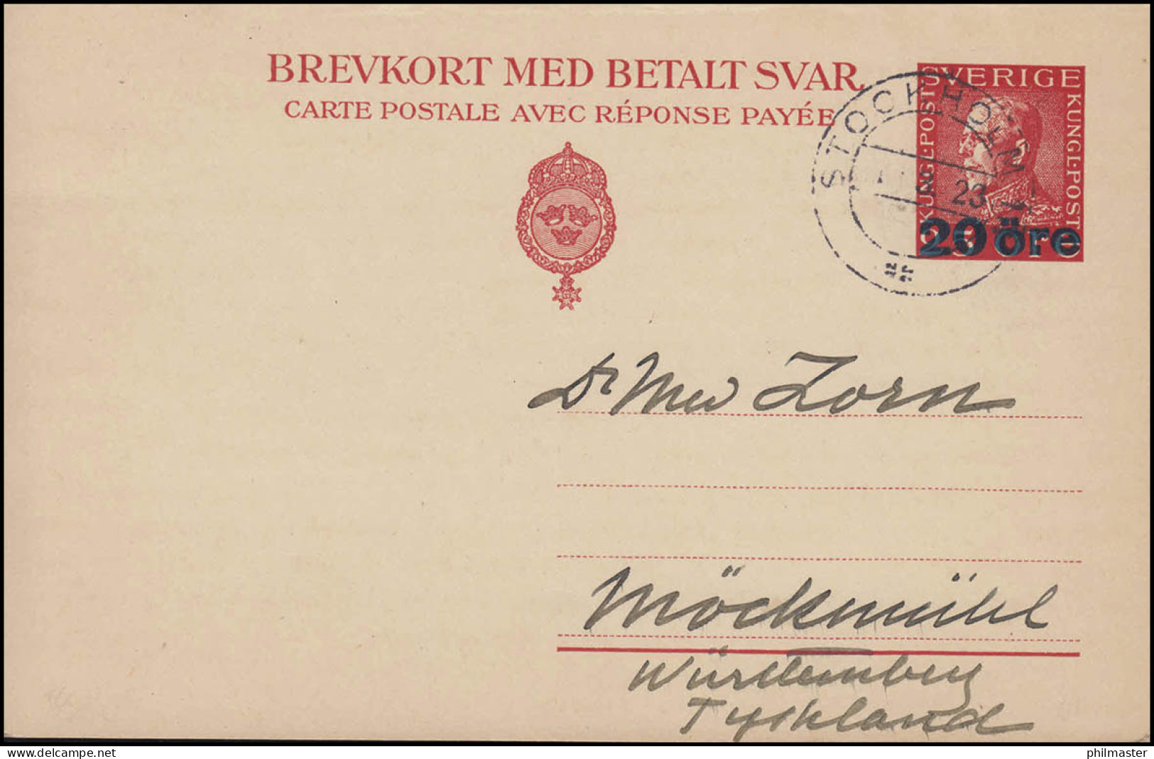 Postkarte P 48F König Gustav Aufdruck 20 Auf 25 Öre Frageteil, STOCKHOLM 1.3.23  - Postal Stationery