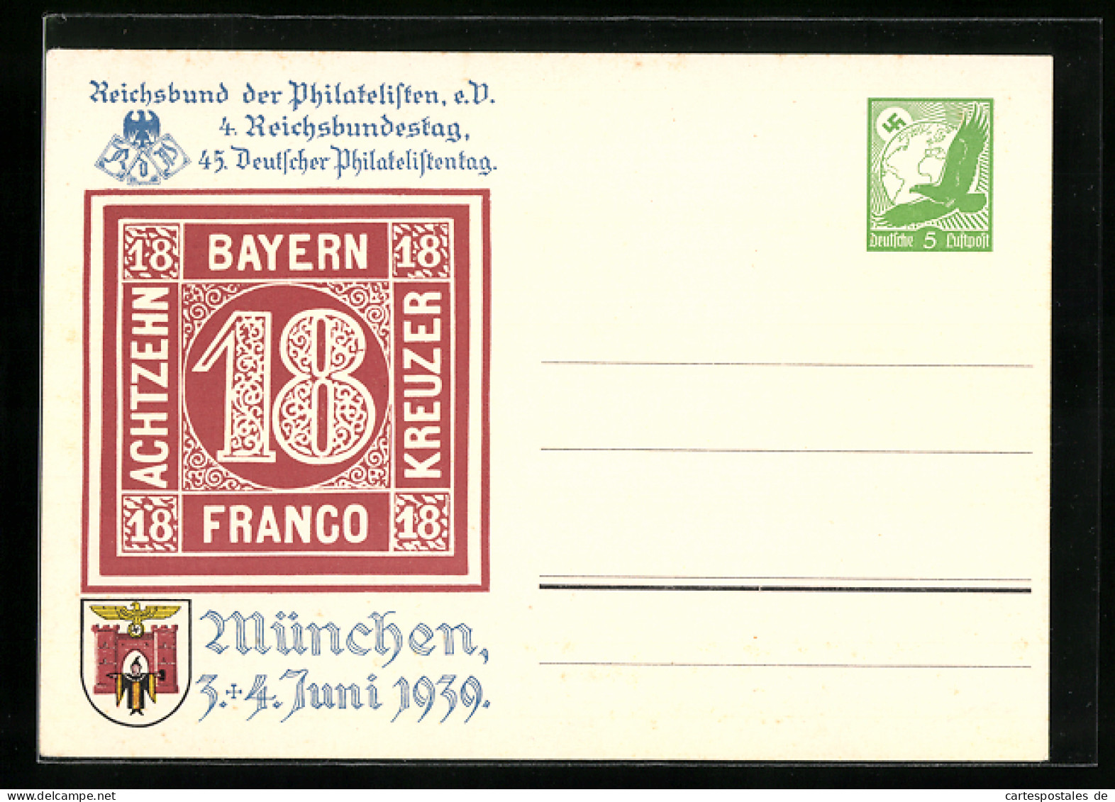 AK München, Reichsbundestag, Dt. Philatelistentag 1939, Achtzehn Bayern Franco Kreuzer Deutsche Luftpost, Ganzsache  - Cartes Postales