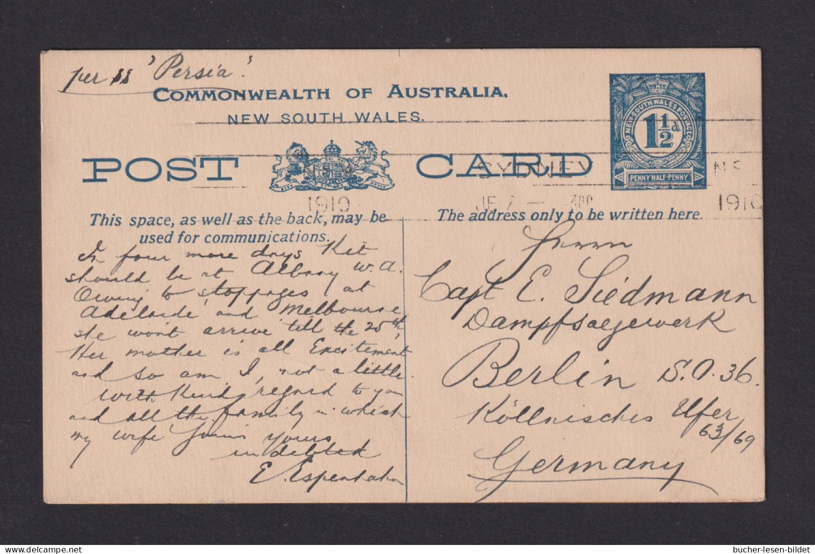 1910 - 1 1/2 P. Ganzsache Ab Sydney Nach Berlin - Lettres & Documents